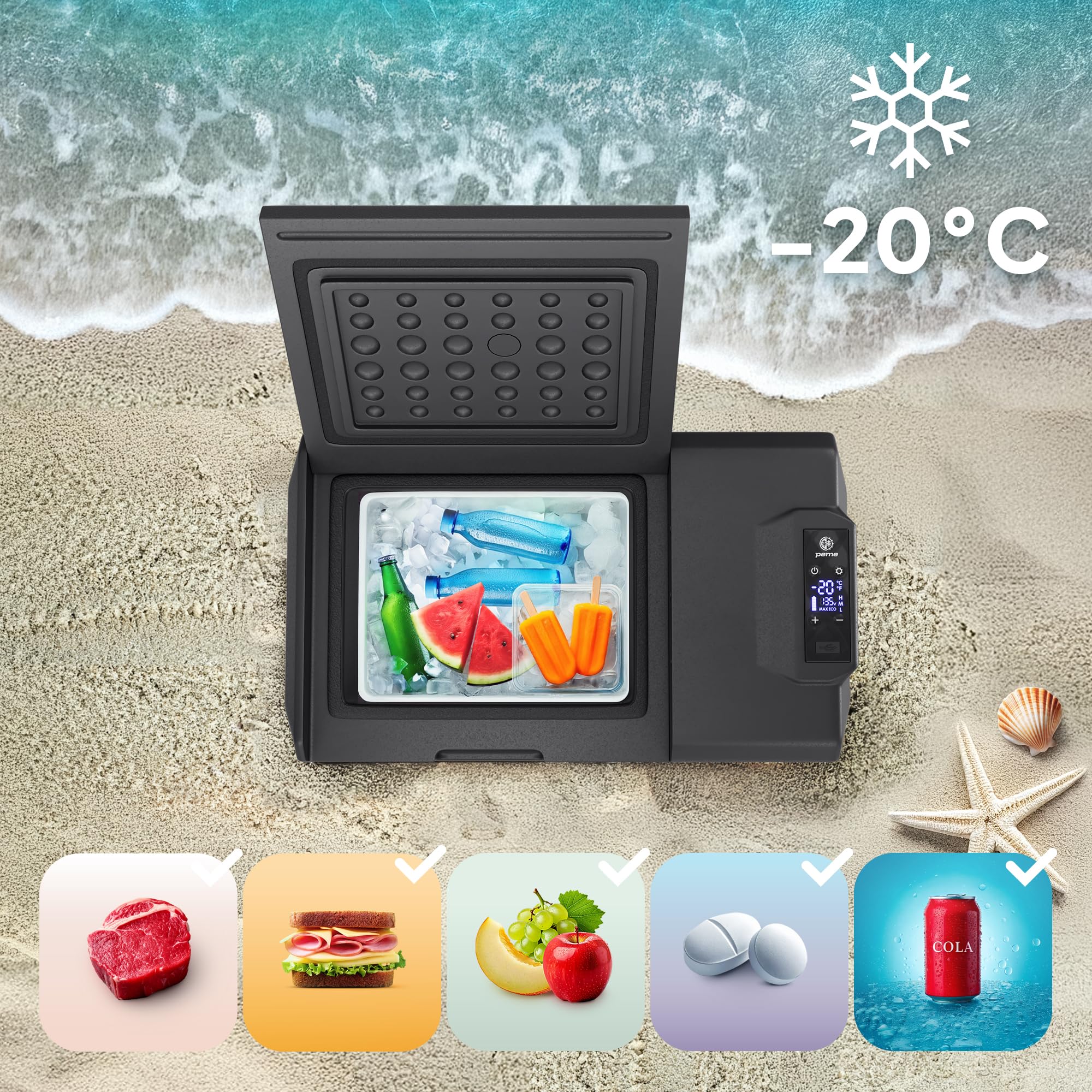peme Expedition Elektryczna Lodówka Kompresorowa 27-39 L - Chłodziarka i Zamrażarka, Chłodzenie -20°C, Podwójne Zasilanie 12V/24V & 230V, Aplikacja Bluetooth, Tryb Eco, do Samochodu, Kempingu