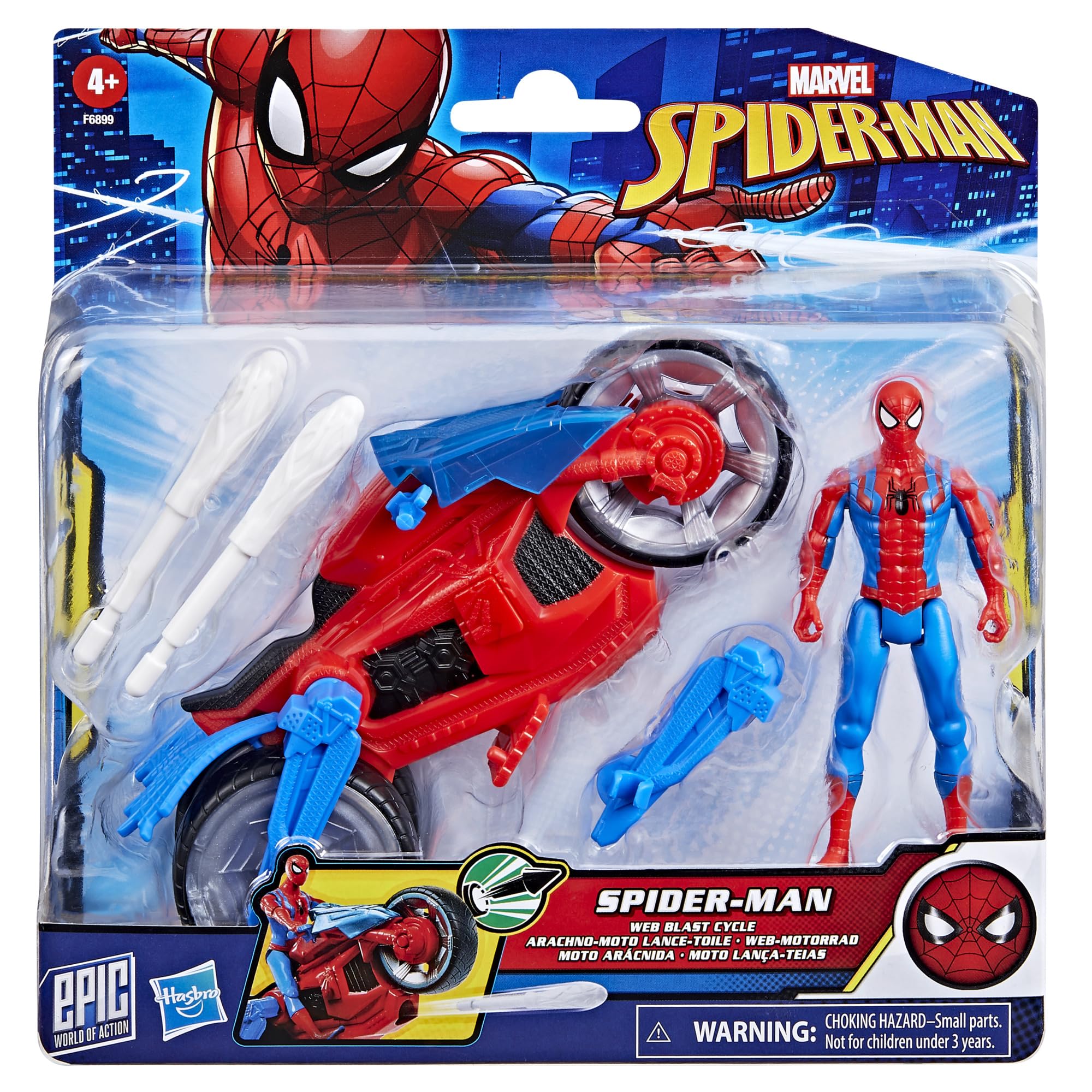 Motocykl Marvel Spider-Man Web Blast Cycle, zabawkowy zestaw z 10-centymetrową figurką i 2 pociskami z pajęczyną
