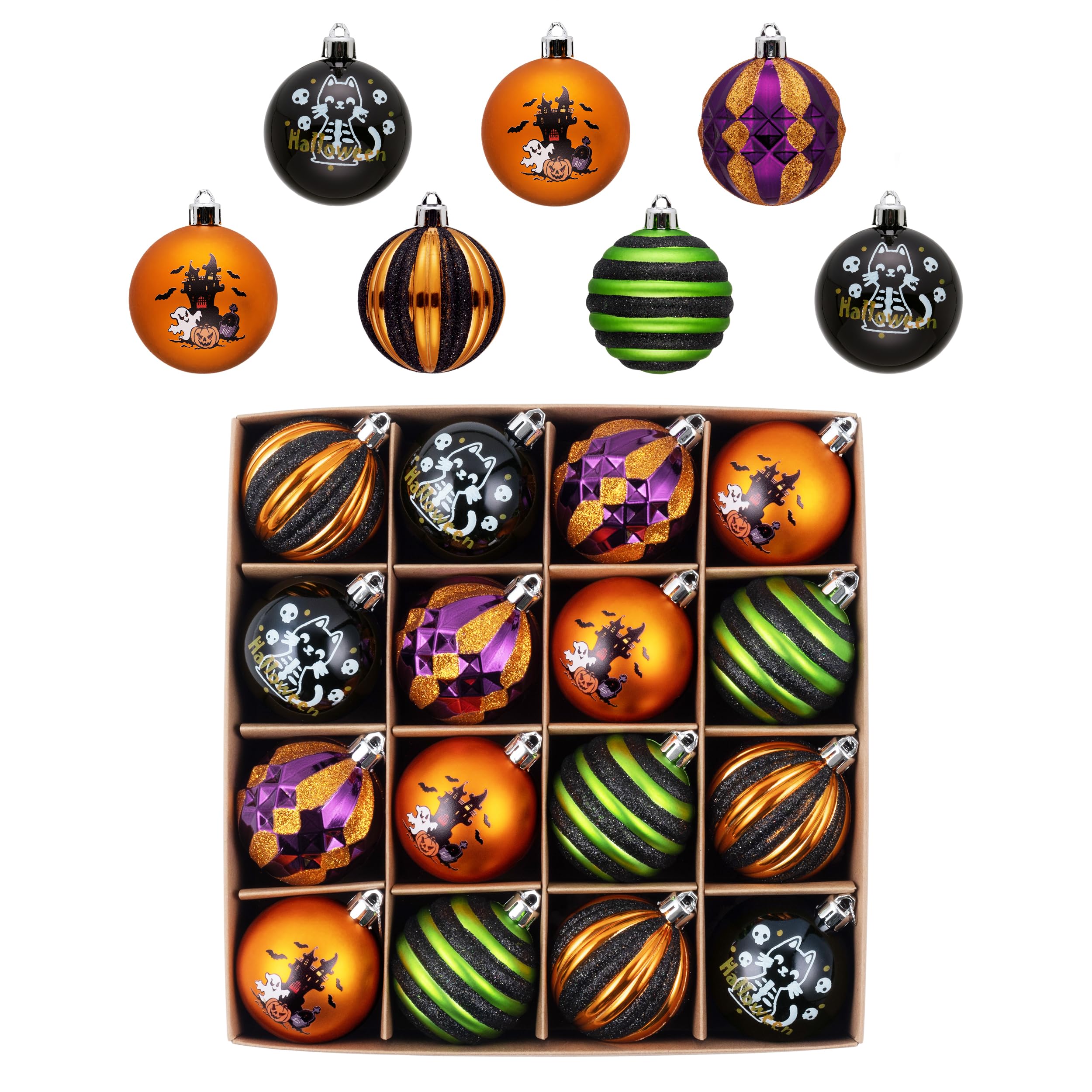 Valery Madelyn Halloween Ornaments Tree Decorations Indoor, 16ct 2.36 Inch Shatterproof Black Cat Castle Vintage Decorative Hanging Ball Ornaments Set