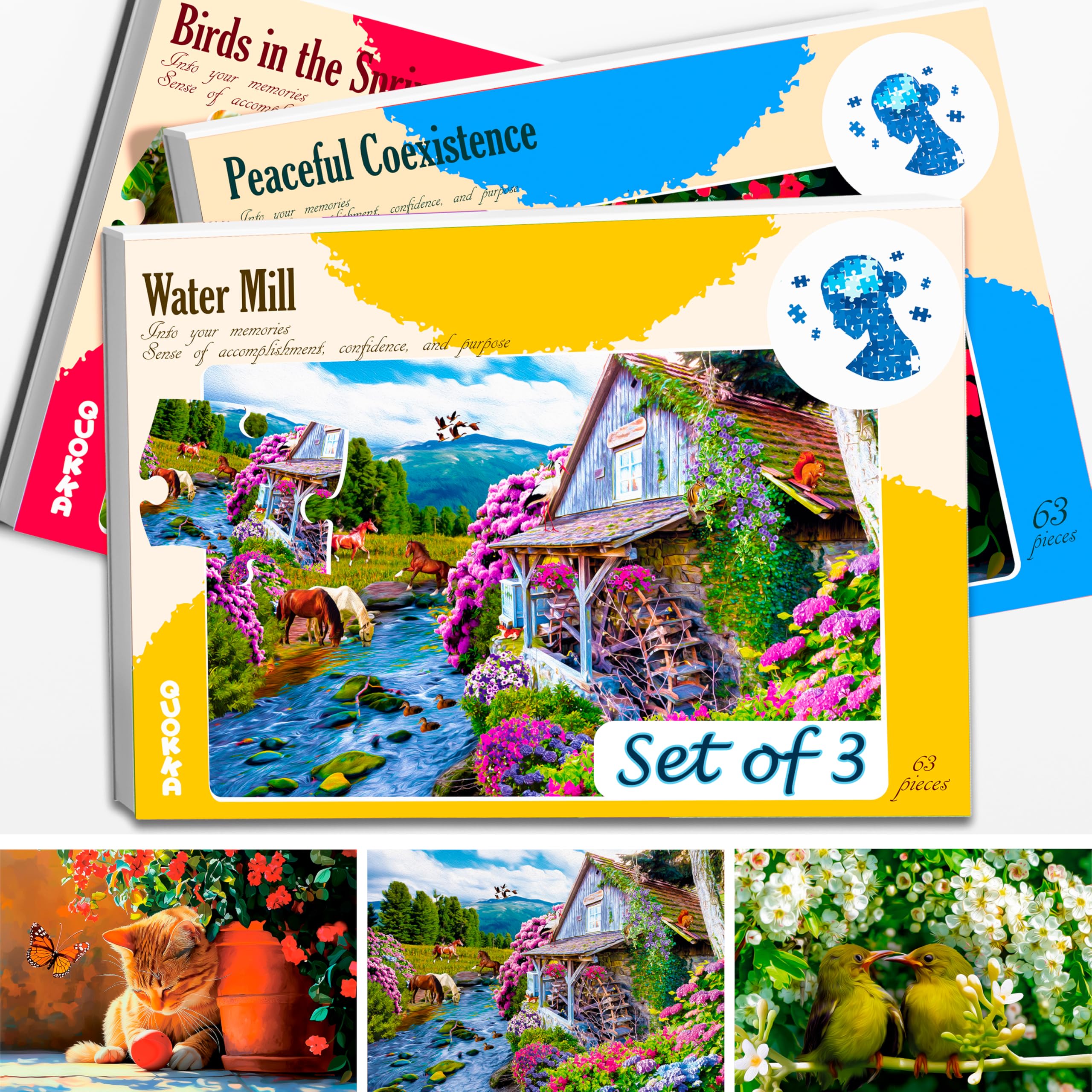 63 Pieces Dementia Puzzles for Elderly - Large Piece Activities Products for Seniors by QUOKKA - 3 Alzheimers Jigsaw Puzzle Games for Adults with Birds and Cats - Cognitive Gifts Toy for Men and Women