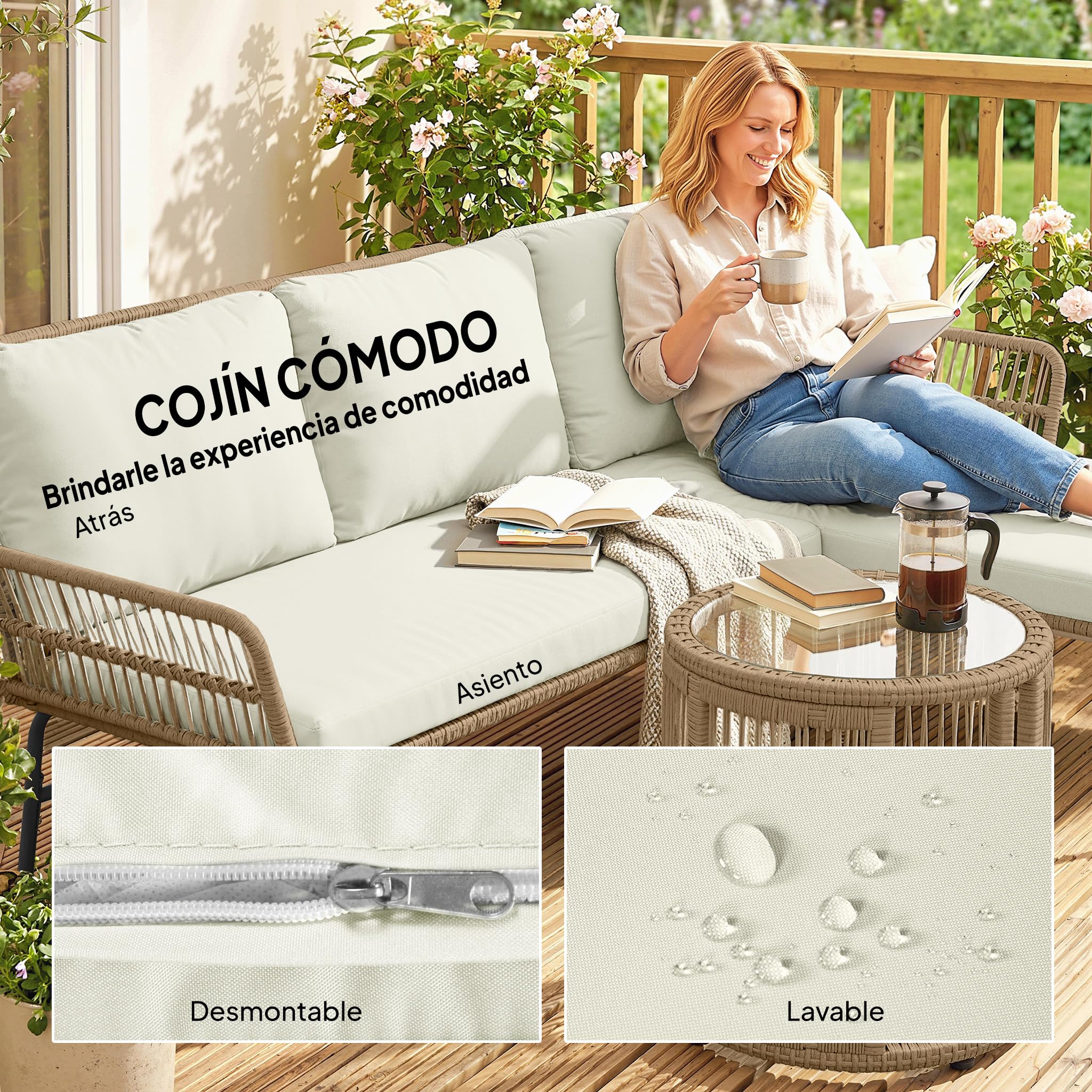 Outsunny Conjunto Jardín Exterior de Ratán con Cojines Conjunto Terraza Resistente a la Intemperie Muebles Jardín Exterior con Sofá de 2 Plazas Chaise Longue y Mesa de Tablero de Vidrio Templado Crema