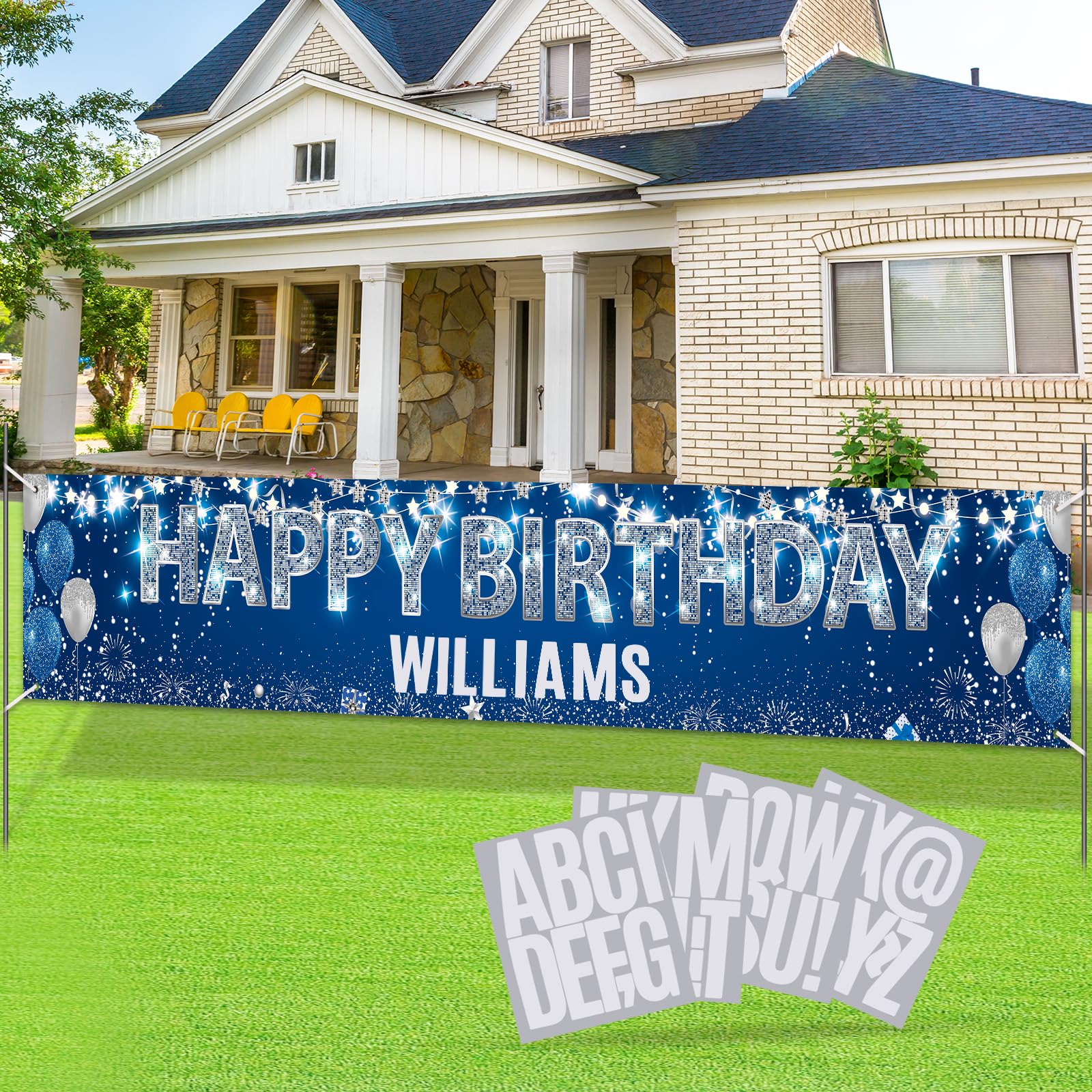 Large Blue Birthday Decorations Banner with Personalized Letter Stickers Custom Navy Blue Silver Happy Birthday Yard Banner DIY Birthday Sign for Men Women Birthday Party Supplies Outdoor Indoor