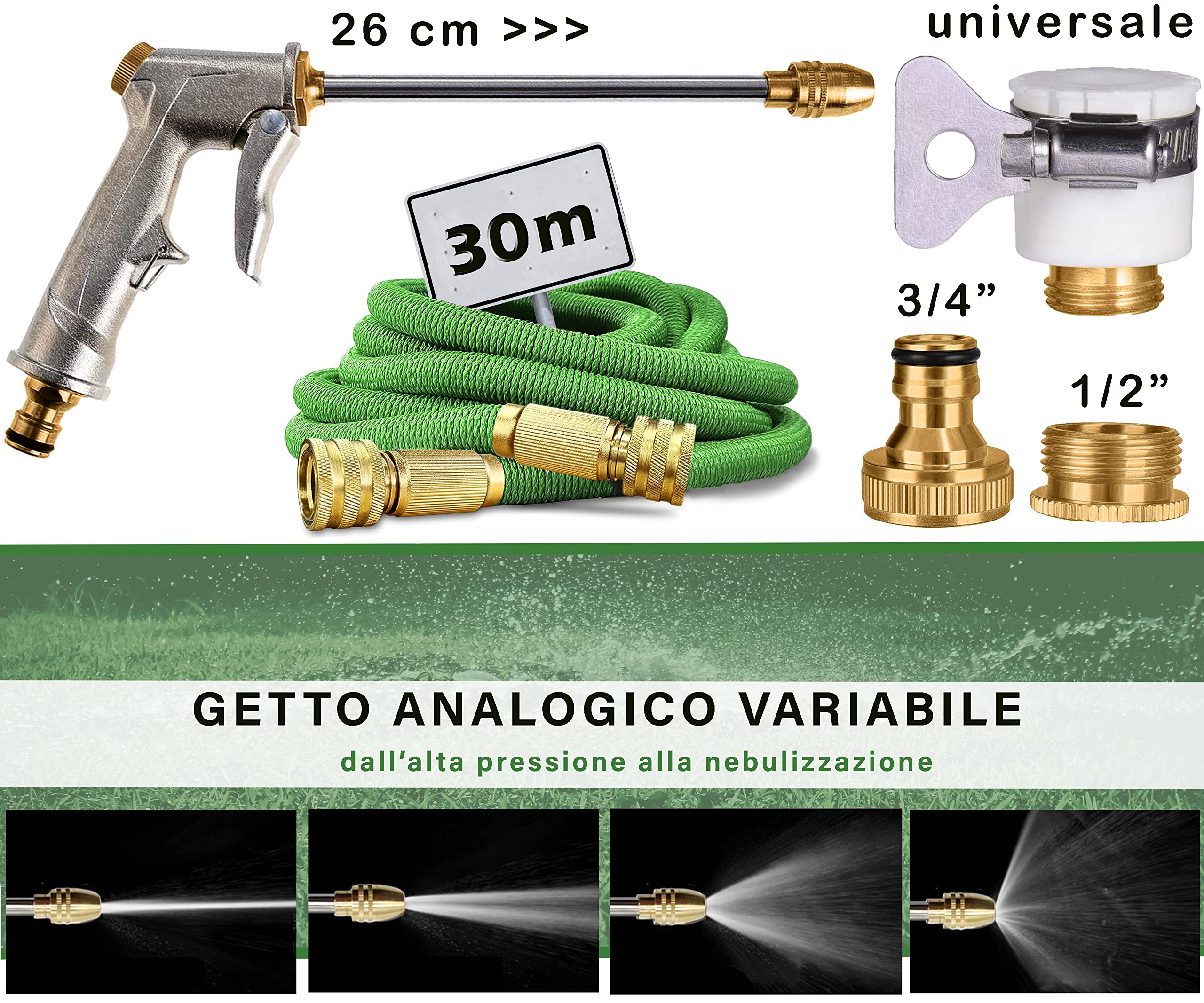 Tubo Acqua Giardino Estensibile 30m - Pistola Multigetto in Metallo, Raccordi in Ottone, Adattatori 1/2” e 3/4” Inclusi - Canna Irrigazione per Giardino, Lavaggio Auto, Orto, Terrazzo, Prato