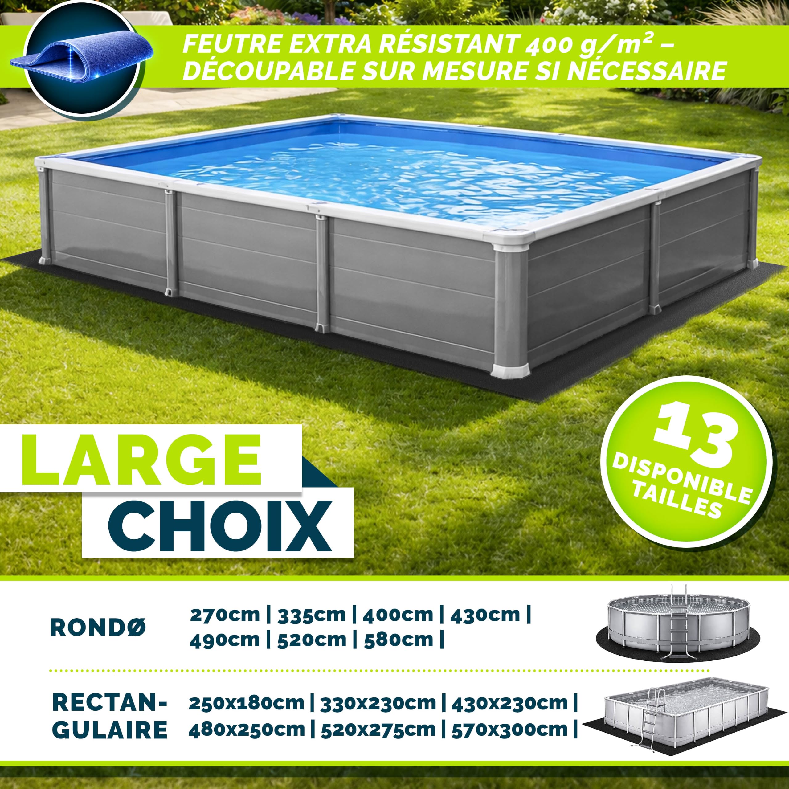 tillvex® Tapis de piscine rectangulaire de qualité supérieure - 480 x 250 cm - Géotextile 400 g/m² - Bâche de sol pour piscines jusqu'à 450 x 220 cm - Toison de protection de sol découpable