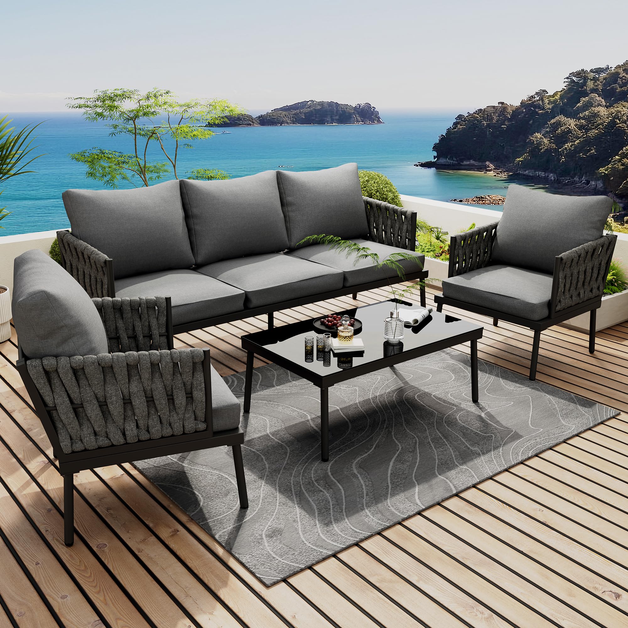 Conjunto Jardín Exterior, Salón de Jardín, Conjunto Terraza de Muebles de Balcón Lounge 4 Piezas, Mueble Conjunto de Patio para 4 Personas con Sofá de 3 Plazas, 2 Sillones y Mesa de Cristal