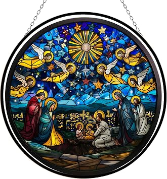 Christian Jesus Nativity Suncatchers for Windows,6.3 Stained Glass Window Hangings,Hand-Painted Glass Panel Perfect for Home Decor