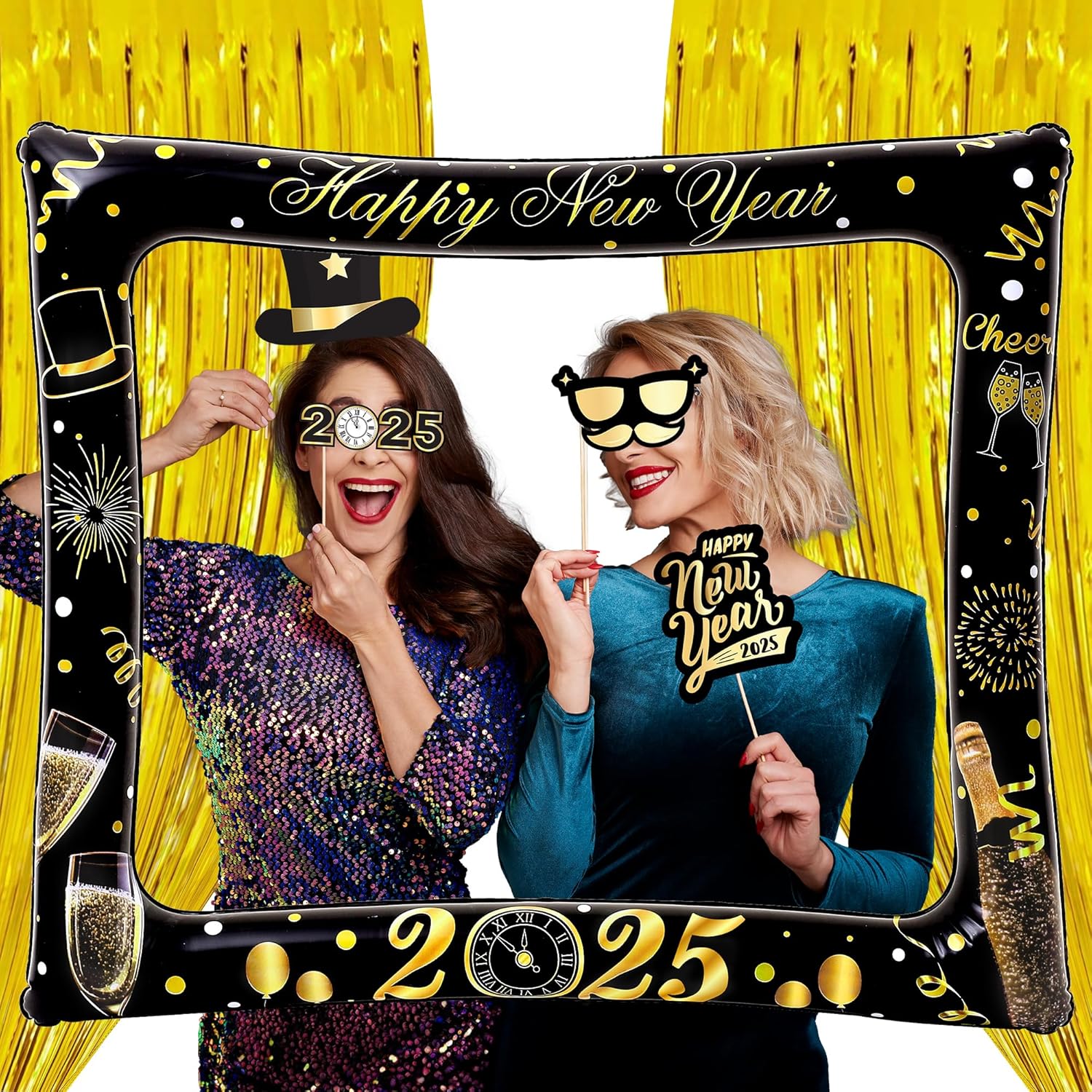 KatchOn, Happy New Year Decorations 2025 - Pack of 50 | New Years Eve Photo Booth Frame Kit | Multicolor Disco Ball Balloons | Gold Star Balloons | Disco Balloons for New Years Eve Party Supplies 2025