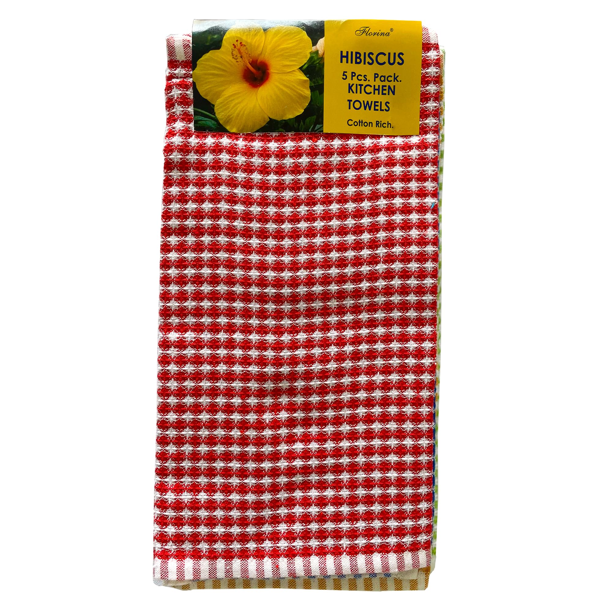 Florina Kitchen Towel | Cotton Rich Hand Towel Set | Quick Absorbent | Cleaning Napkin | Multi Purpose Cleaning Cloth | 31 x 48 Cm | Mini Honey Comb Weave | Multi Colour | Hanger Pack (Set of 5)