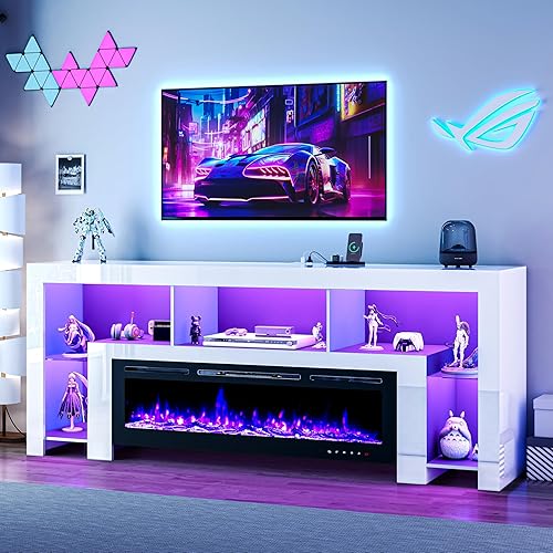 94.5" Fireplace TV Stand for TVs Up to 100", Gaming LED Entertainment Center with 50" Electric Fireplace, Modern High Gloss Media Console for Living Room, Glass Shelves & Open Storage, White