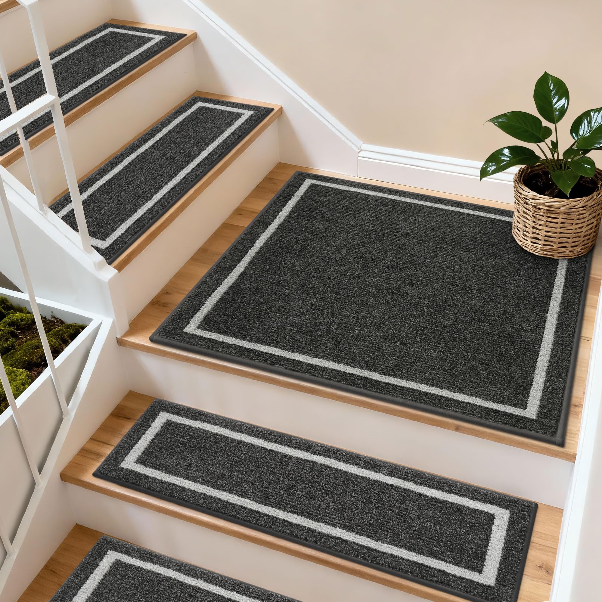 COSY HOMEER 76 x 76cm Square Staircase Corner Stair Treads Mats for Indoor Staircases, Washable 100% Polyester Carpet Staircase Mat for Kids Elders Dogs with TPE Backing, 1pcs Black