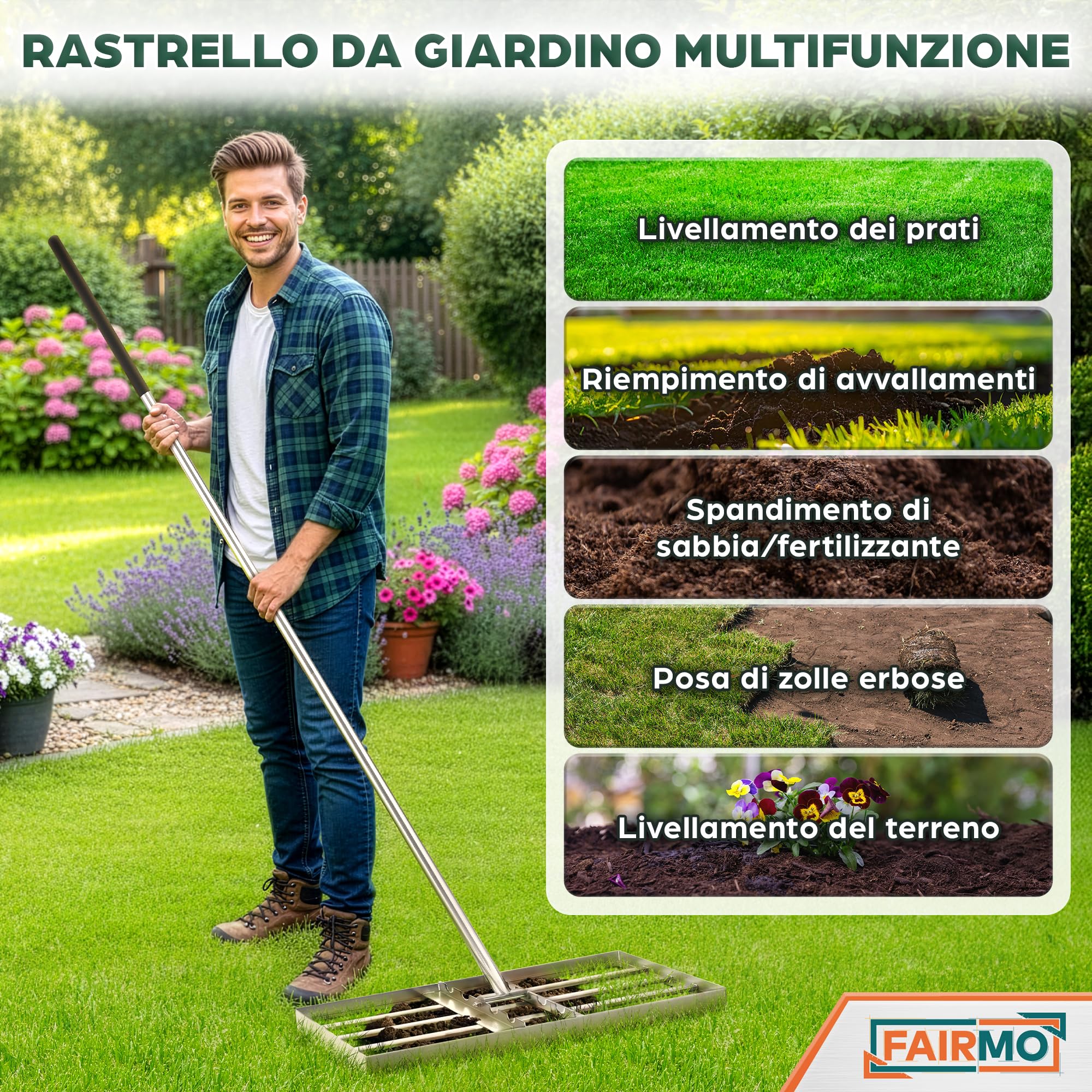 FAIRMO Rastrello livellatore per terra in acciaio inox (75x35 cm) con manico da 2 m - Fairmo Livellatore prato per sabbia e terra - Rastrello per prato largo