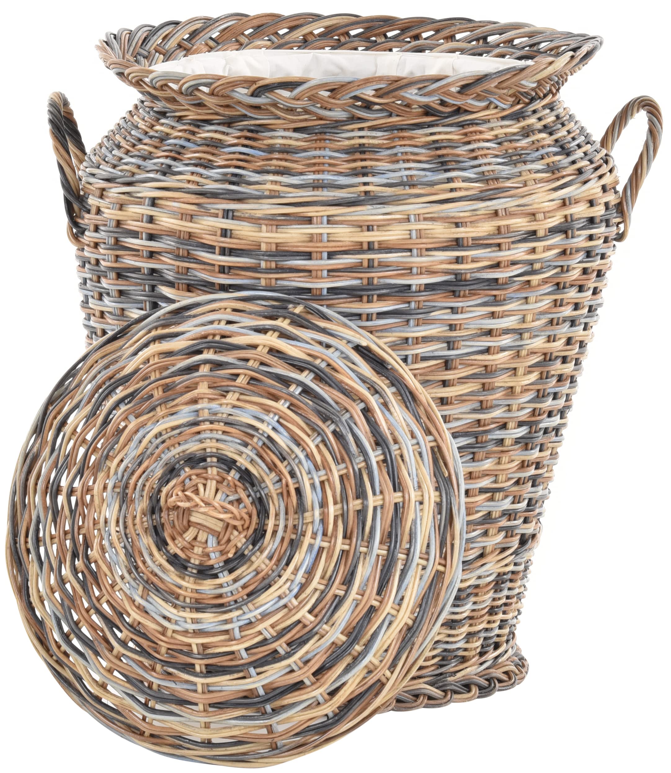 Wäschekorb/Wäschetonne rund aus echtem Rattan, Wäschesammler mit Deckel und Inlett (Mehrfarbig)