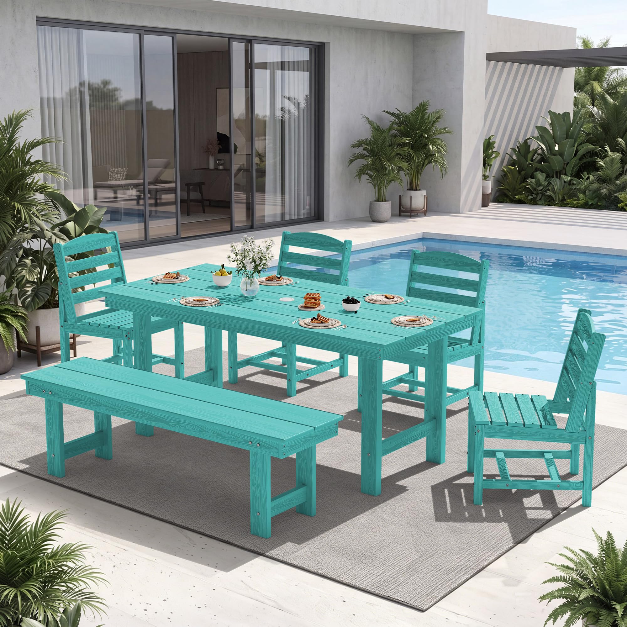 KINGYES 6-Piece Patio Dining Set, HDPE Table Bench and Armless Chairs Aruba