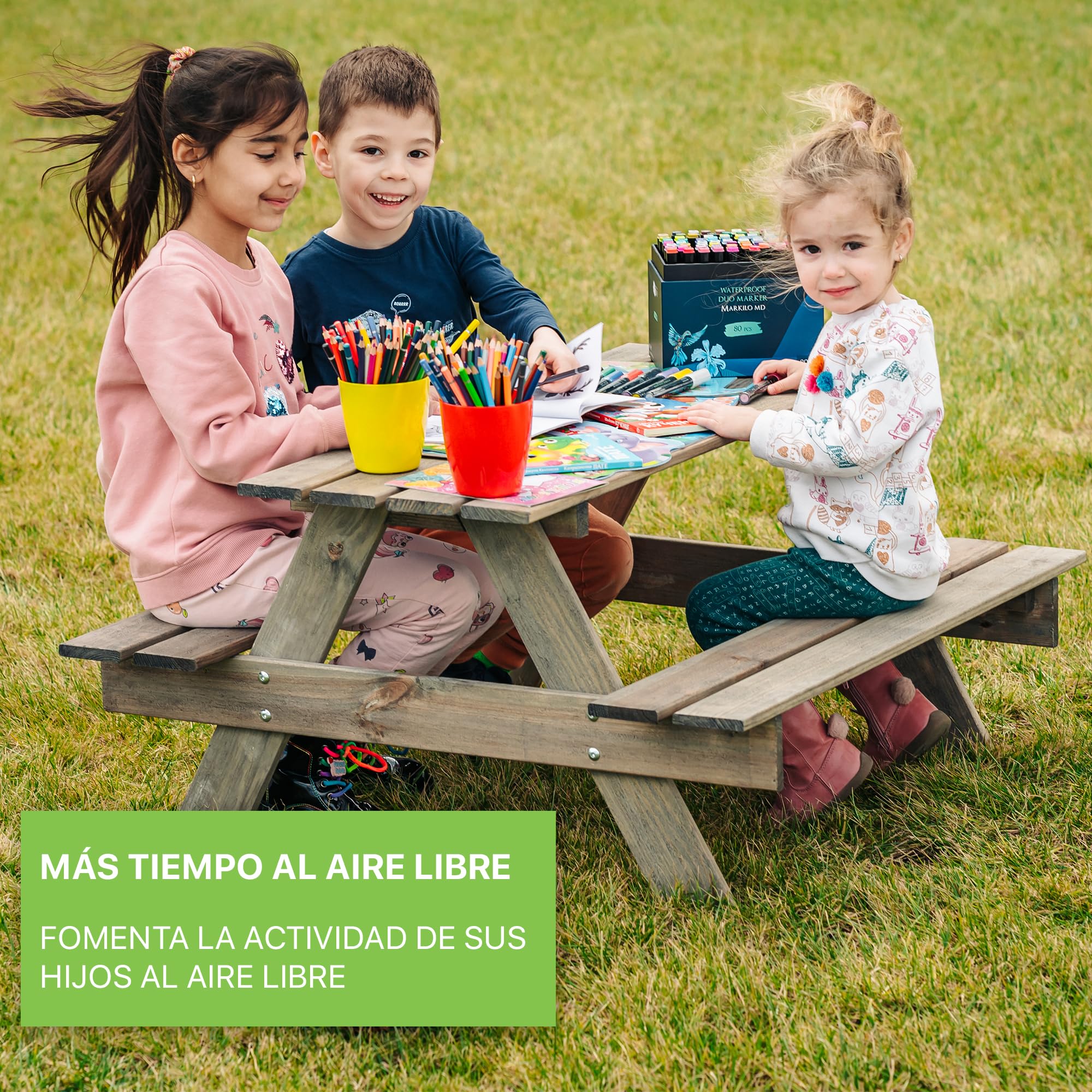 ITA Mesa de Picnic Infantil - Mesa de Madera con 2 Bancos para Niños - calidad directa del Fabricante - hecho en la UE - gris