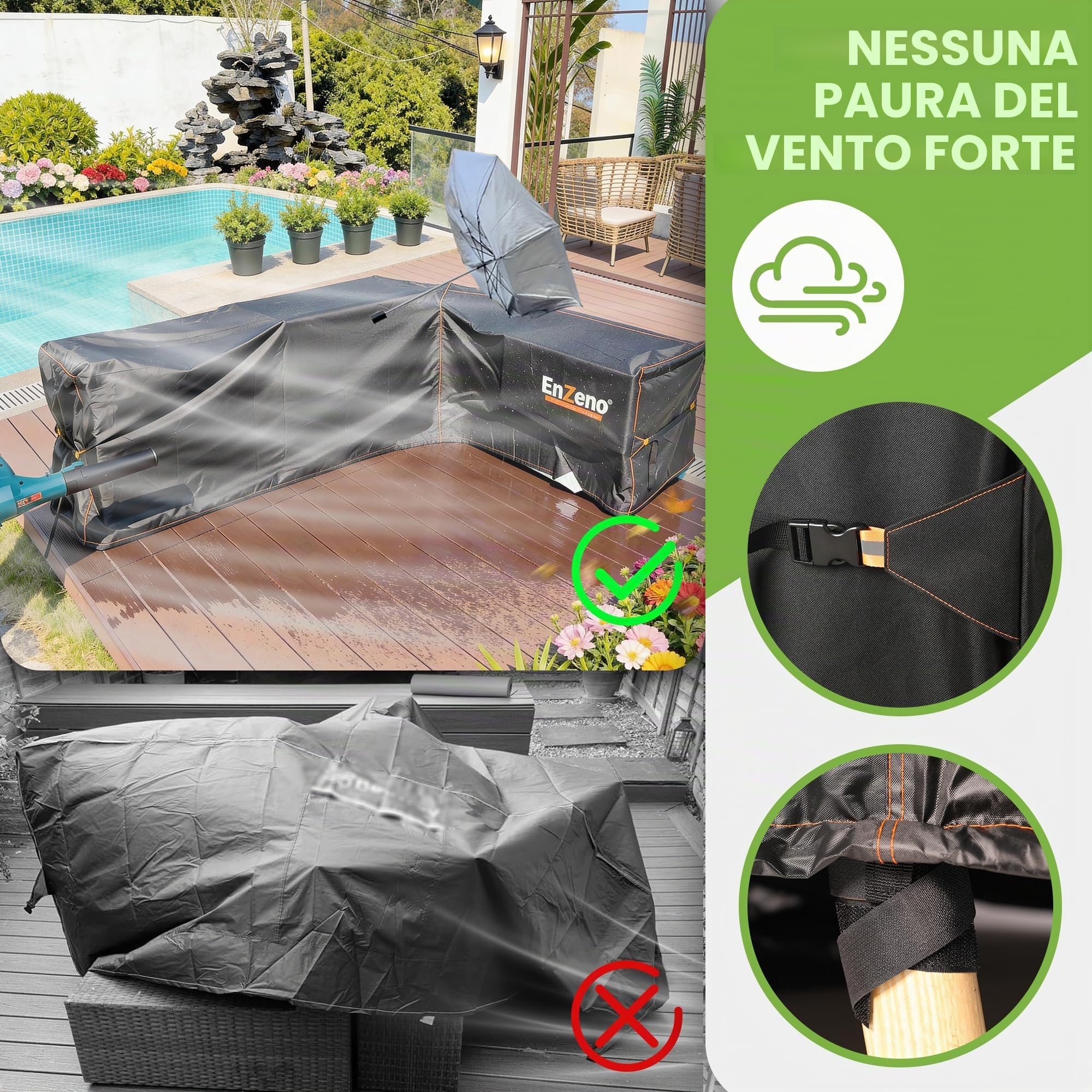 Enzeno Telo protettivo per mobili da giardino a forma di L, impermeabile e antivento per divano ad angolo esterno mobili da giardino rettangolare 215 × 215 × 87 cm copertura telone