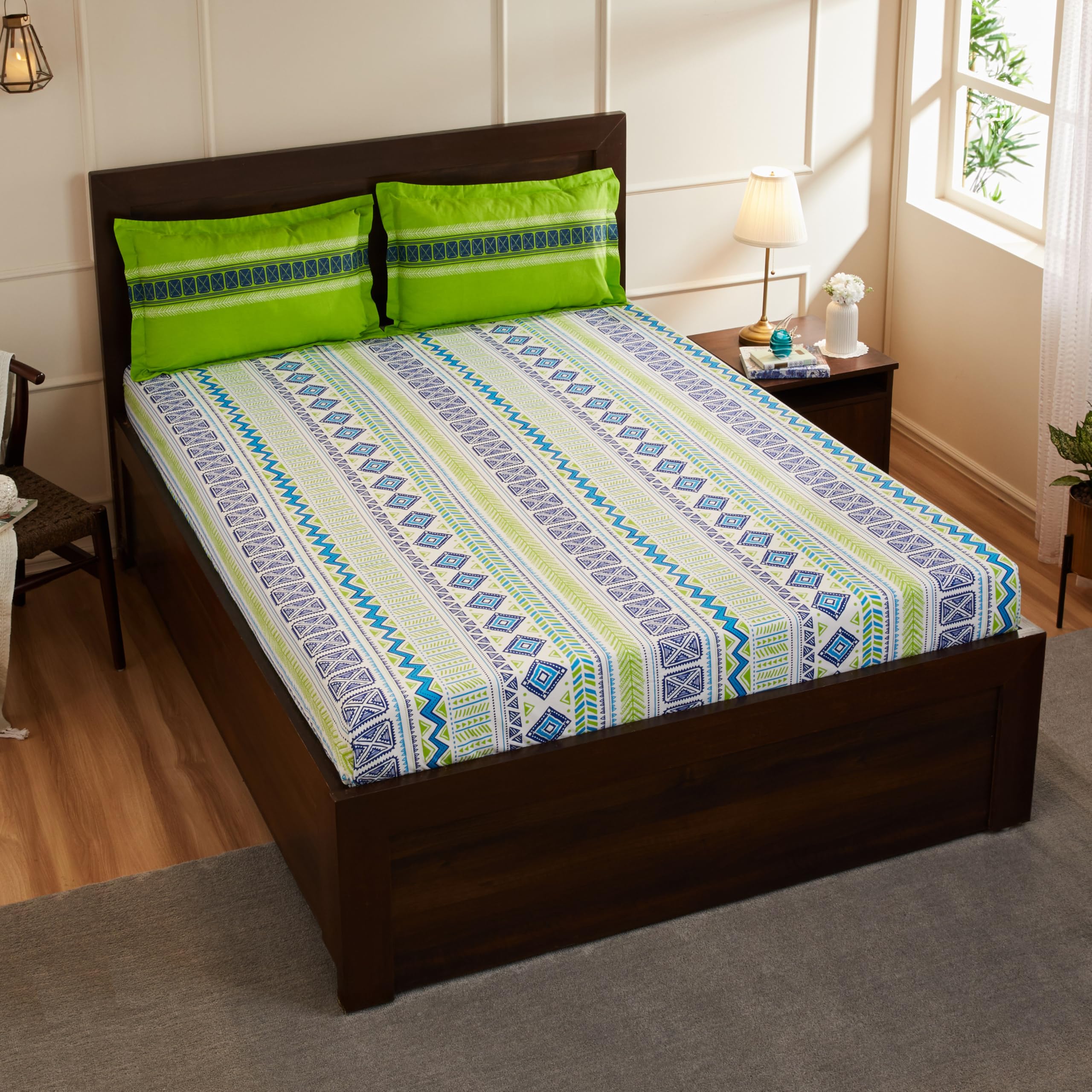 Amazon Brand - Solimo Fuzzy Strings 144 TC Cotton Double Bedsheet with 2 Pillow Covers, Green-picture-29