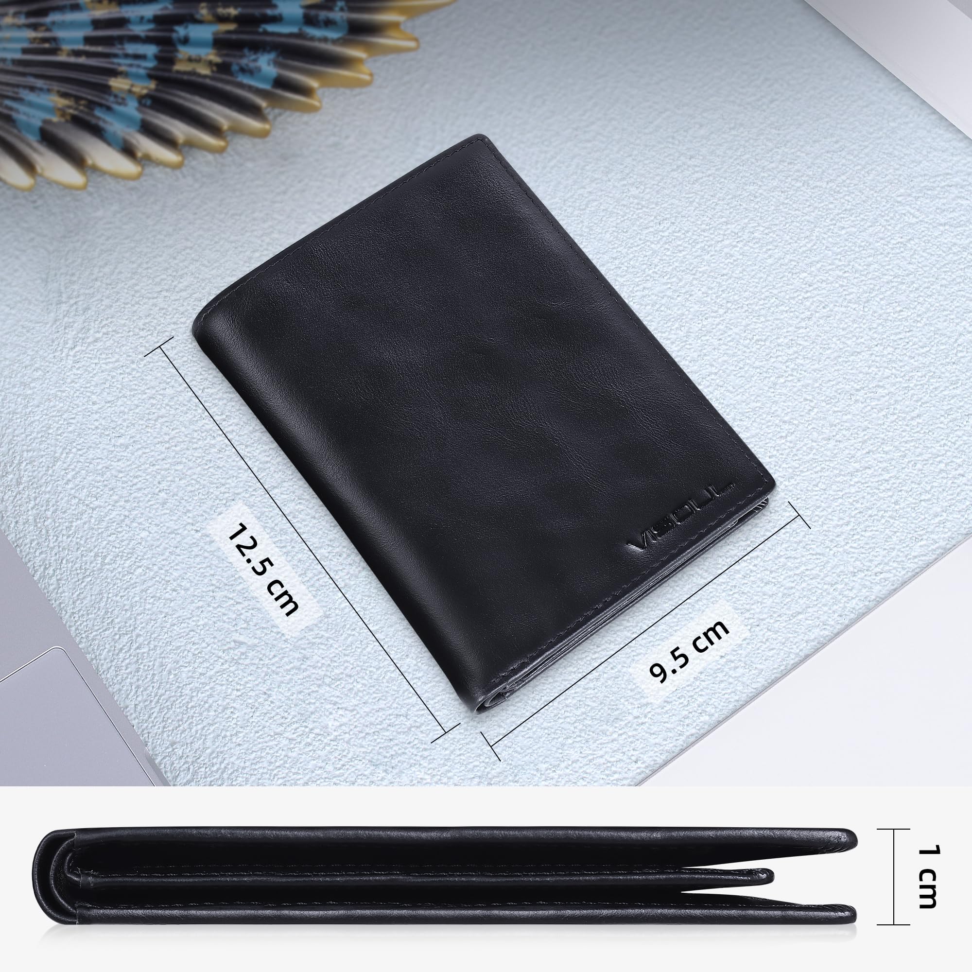 VISOUL Cartera de Piel Auténtica para Hombre con Protección RFID, Billetera Bifold Vertical de Piel, Monedero Cuero con Cremallera, 11 Ranuras para Tarjetas y 1 Compartimento para Billetes-Negro