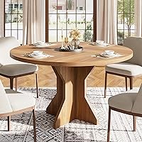 Garvee 47 Inch Round Farmhouse Dining Table for 4-6, Sturdy Pedestal Base, Small Space Kitchen Table Set, Brown