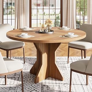 Garvee 47 Inch Round Farmhouse Dining Table for 4-6, Sturdy Pedestal Base, Small Space Kitchen Table Set, Brown