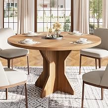 Garvee Round Dining Table for 4-6 People - 47" Circle Kitchen Dinner Table with Sturdy Pedestal Base, Small Spaces Dinning Room Furniture for Living Room, Kitchen, Apartment, Brown