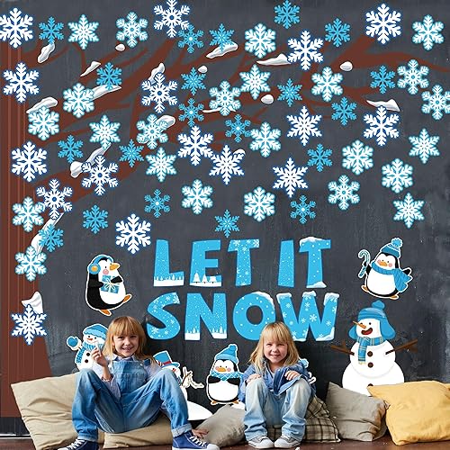 Miniatura 7 de 94 piezas de decoración de tablón de anuncios de árbol de aula, copo de nieve de invierno, Let it Snow, decoración de aula, copo de nieve, muñeco de