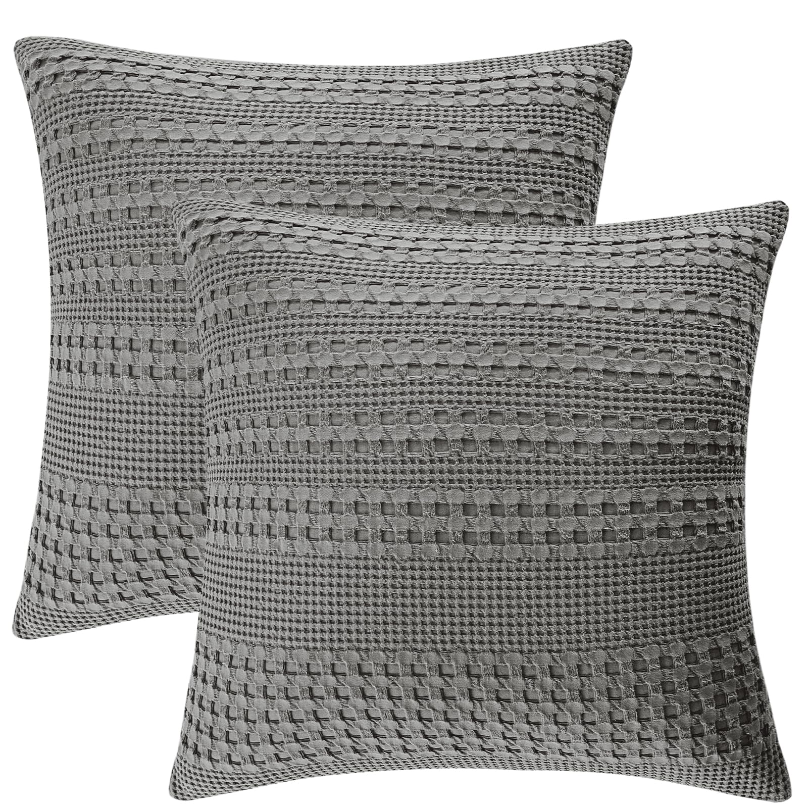 PHF 100% Cotton Waffle Weave Euro Sham, 26" x 26"(66cm), Set of 2, Home Decorative Euro Throw Pillow Covers for Couch Sofa Bed, No Filling, Dark Grey