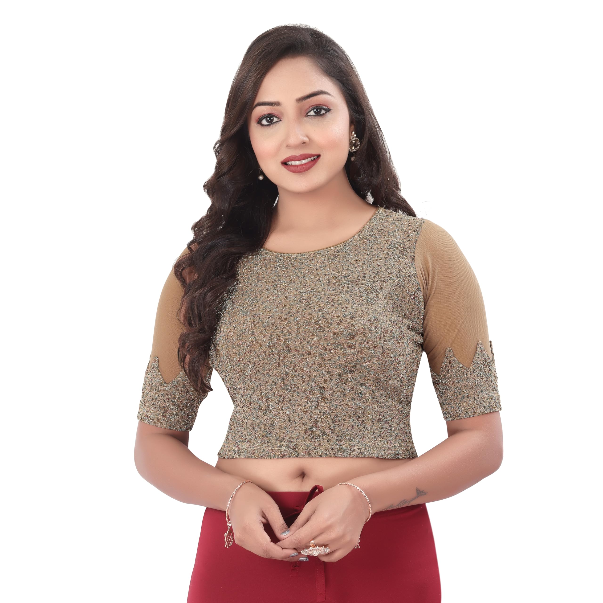 Round Neck Cotton Lycra Regular Fit Saree Blouse for Women | Half Sleeve Readymade Stretchy Embroidered Design with Silver Zari Festive Blouse Perfect for Saree, Lehenga, Kurti | 32-44-image-16