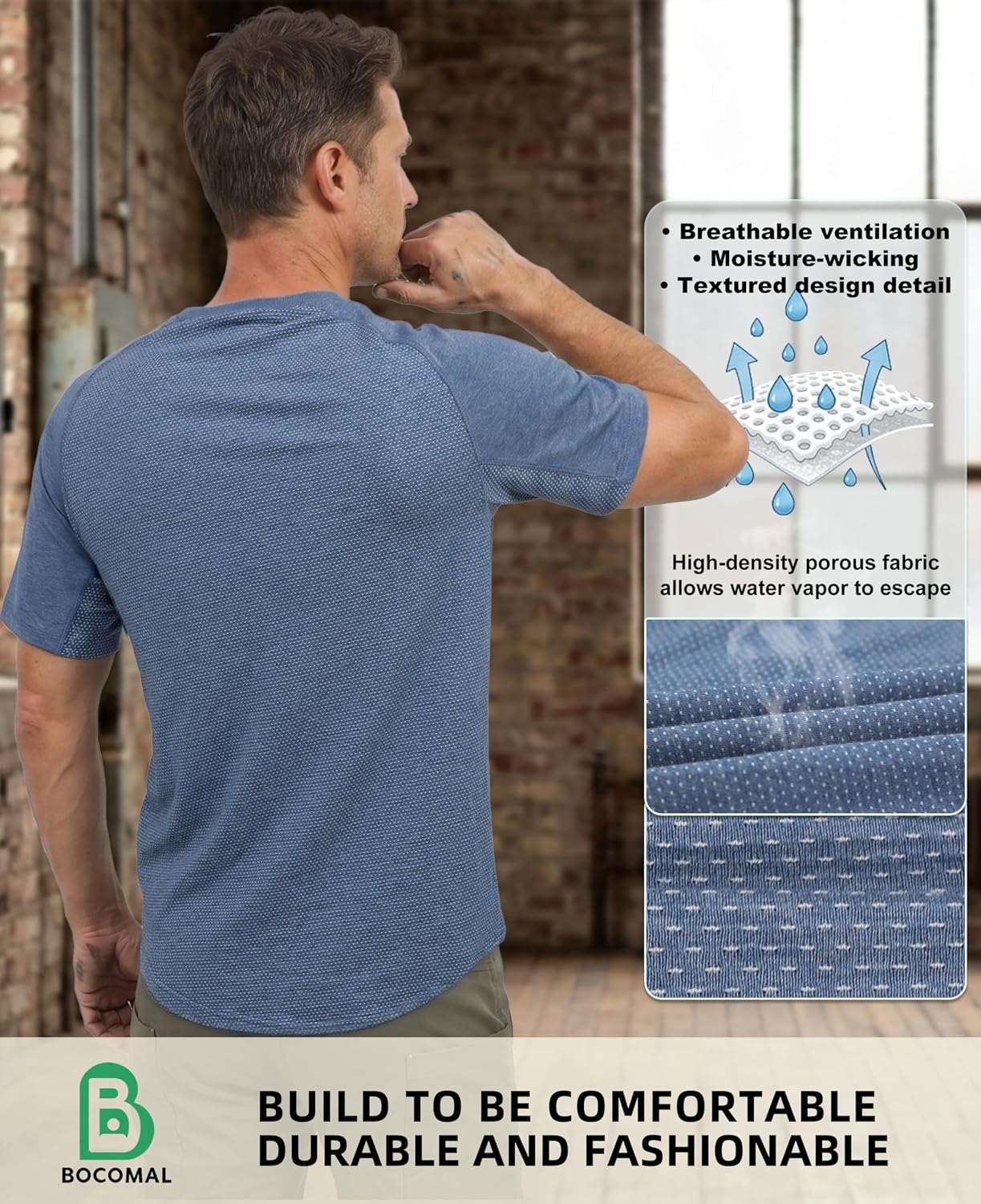 BOCOMAL Non FR - Men's Breathable Mesh Work Shirts Crewneck Relaxed Fit | 5.5oz Stretch-Cotton, EX-Soft, Breathable, Chest Pocket, Lightweight Workwear
