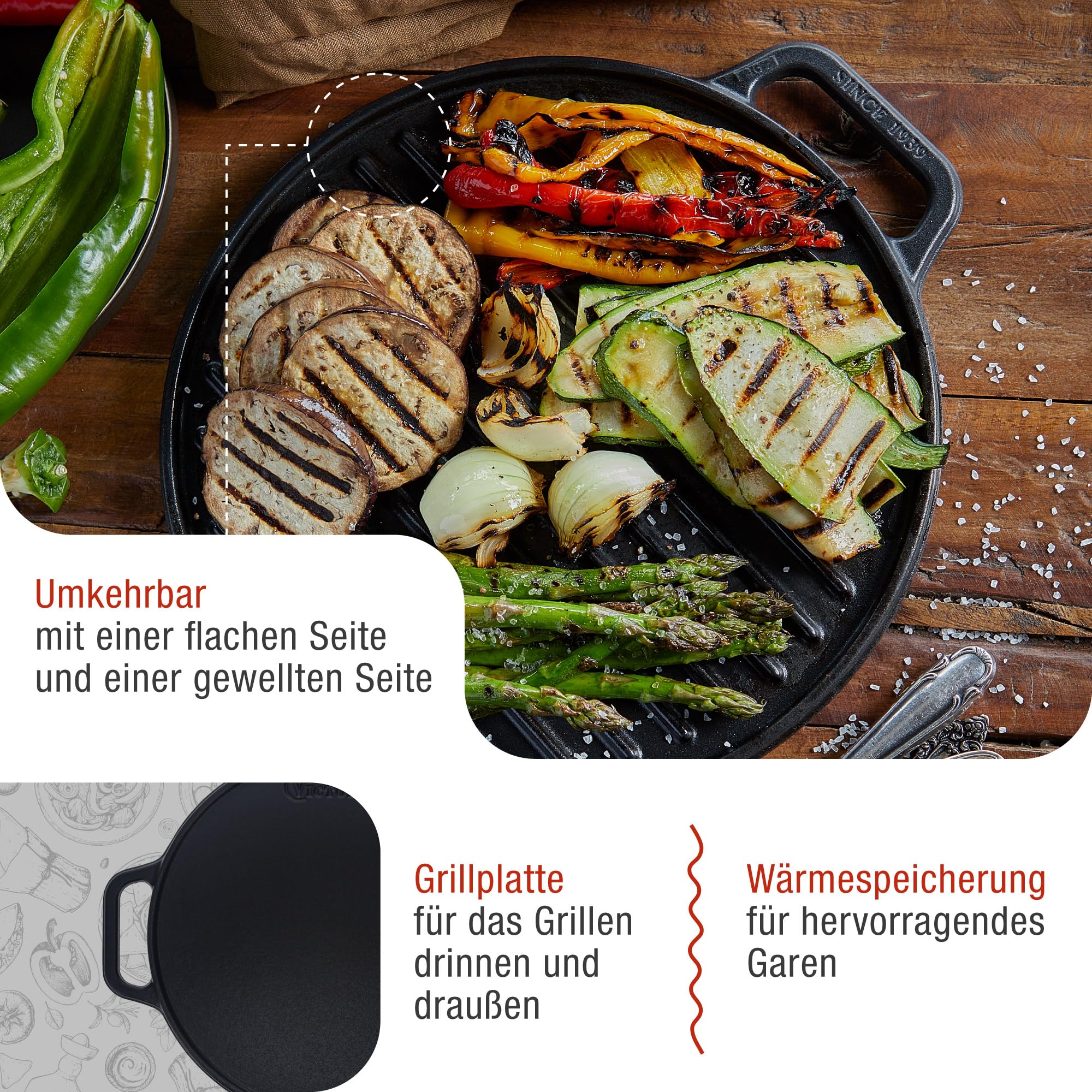 VICTORIA Grillplatte Emailliertes Gusseisen Grillpfanne 32cm Rund, Doppelseitig Verwendbar, für Feuer, Grill, Ofen, Vitrokeramik, Gas, Ohne Schadstoffe und PTFE