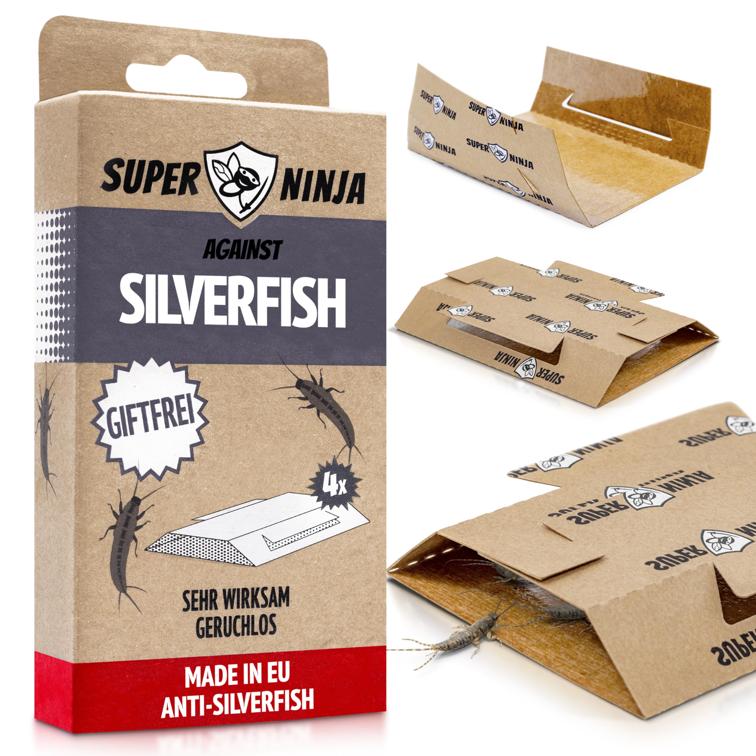 Super Ninja Silverfish Trap – 4 Pack, Silverfish Killer with Integrated Attractant, Odourless, Non-Toxic Sticky Traps for Basements, Bathrooms, Kitchens, Works for Up to 3 Months