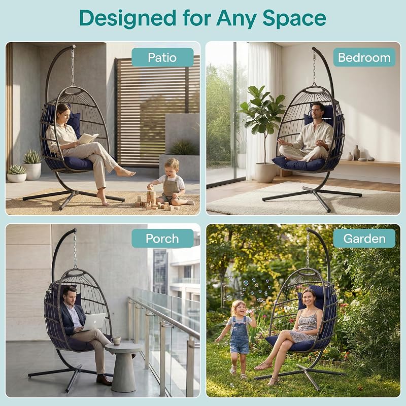 SereneLife Hanging Egg Chair with Stand - Wicker Rattan Swing image 6