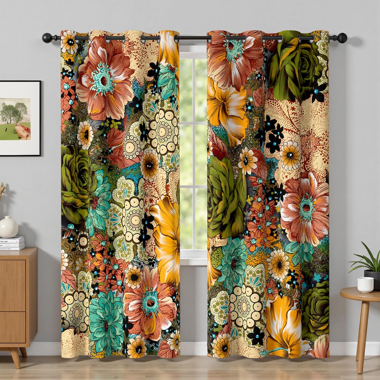 Boho Floral 100% Blackout Curtains for Bedroom Bohemian 84 Inch Long 2 Panels Set Colorful Mid Century Black Out Curtains For Living Room Grommet Thermal Insulated Room Darkening Window Drapes,52Wx84L