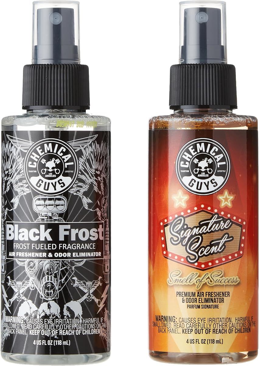 Chemical Guys AIR_302_04 Paquete combinado de aroma Black Frost y aroma exclusivo, ideal para automóviles, camionetas, SUV, vehículos recreativos, hogar, oficina y más (artículos de 2 a 4 onzas líquidas) | Dos aromas atrevidos refrescan los interiores y neutralizan los olores, uno Black Frost y otro Signature, para cualquier vehículo.
