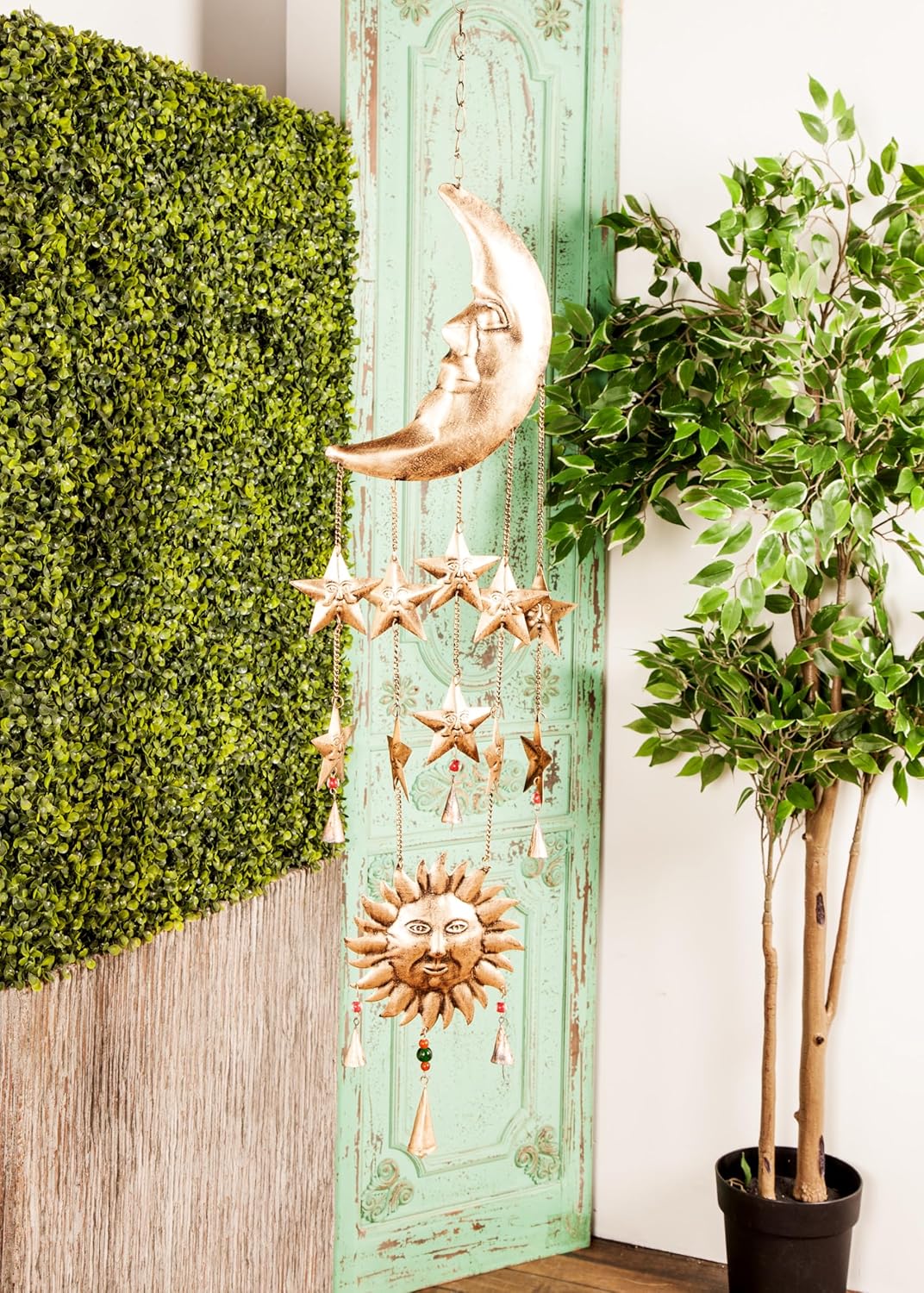 Deco 79 Metal Sun and Moon Windchime with Glass Beads and Cone Bells, 9" x 1" x 39", Gold - Image 4