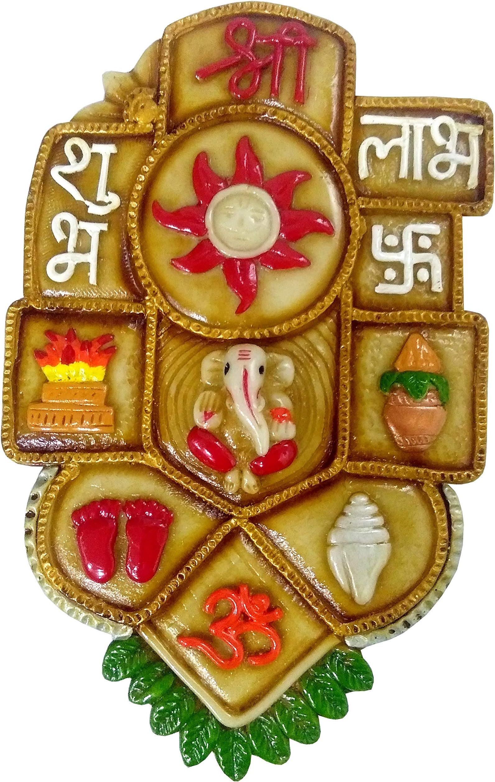 – Purpledip Resin Wall Hanging 'Good Fortune': Auspicious Hindu Symbols Om, Shri, Ganesha, Shubh-Labh, Lotus, God's Footprints, Shankha, Kalash (10135A)