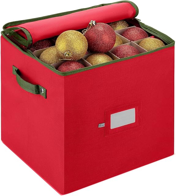Premium Christmas Bauble Storage Box With Dividers - 64-Compartment Xmas Ornament Storage Container with Zippered Closure - Designed for Delicate Christmas Decorations & Baubles - Tear Proof Non-Woven
