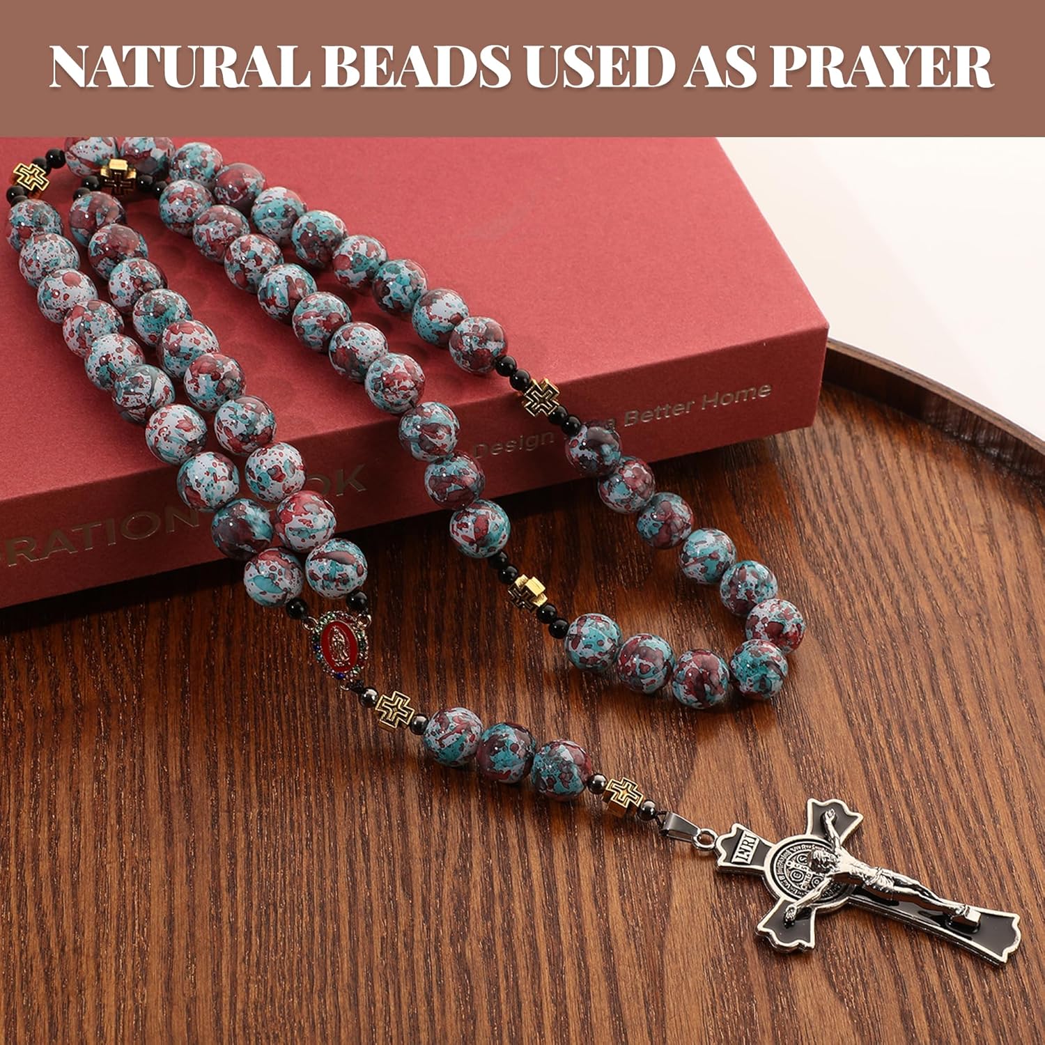 Handmade Lacquer Beads Catholic Rosary Necklace for Women/Men - 14mm Vintage Lacquer Beads with Cross & Holy Mary Medal Necklace First Communion Gift, Car Mirror Decor, Catholic and Christian Gift - Image 3