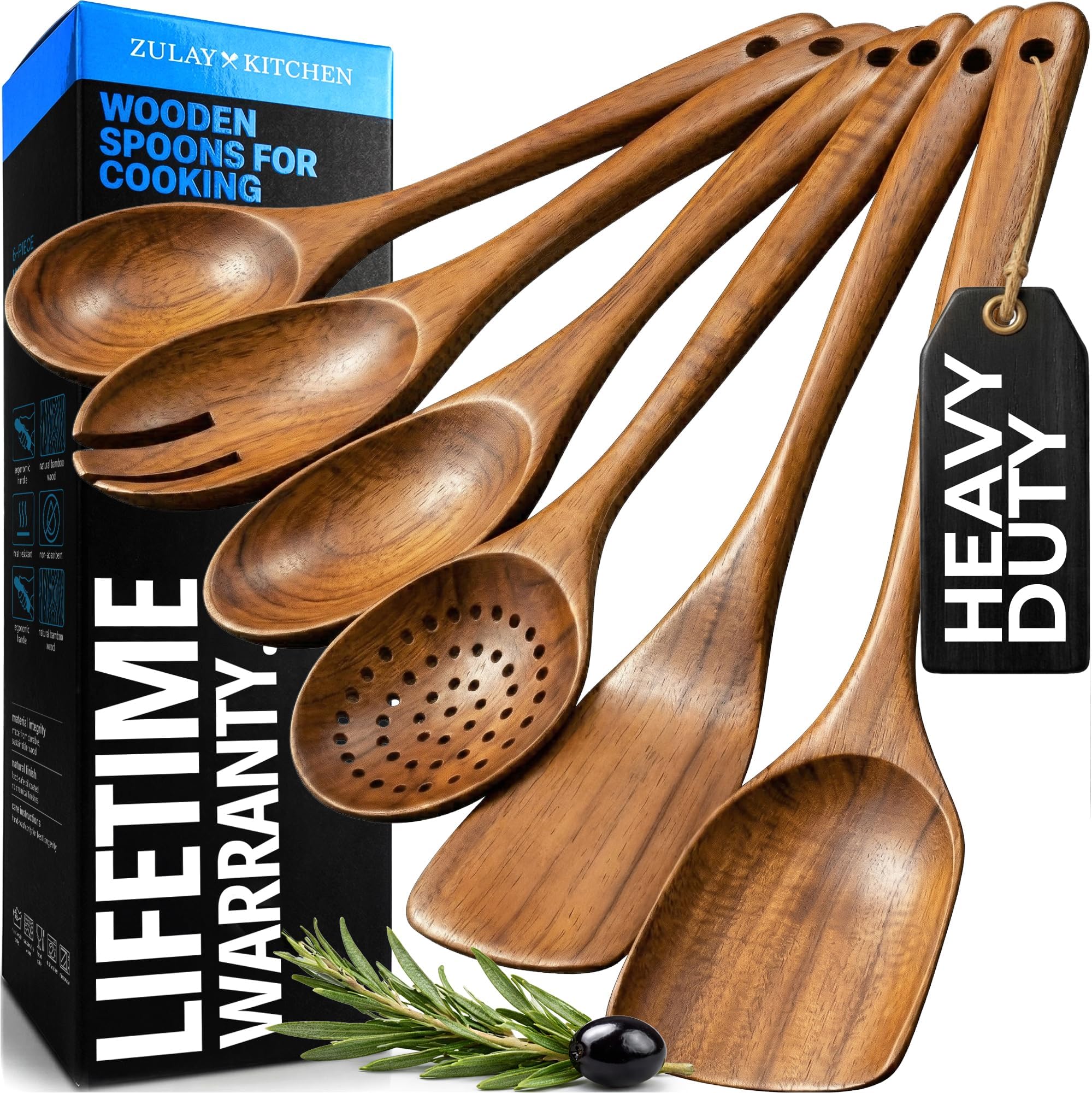 Zulay Kitchen 6 Piece Wooden Spoons for Cooking – Natural Teak Wooden Utensil Set, Easy to Clean, Durable, Smooth with Comfort Grip - Non Toxic Wooden Cooking Utensil Sets