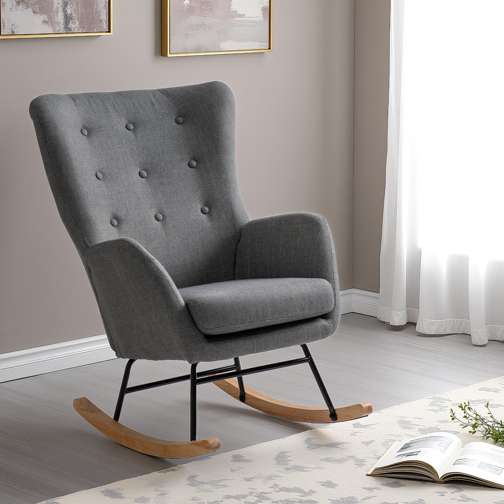 Hayden Rocking Chair Dark Grey Fabric Upholstered Accent Lounge Nursery Chair