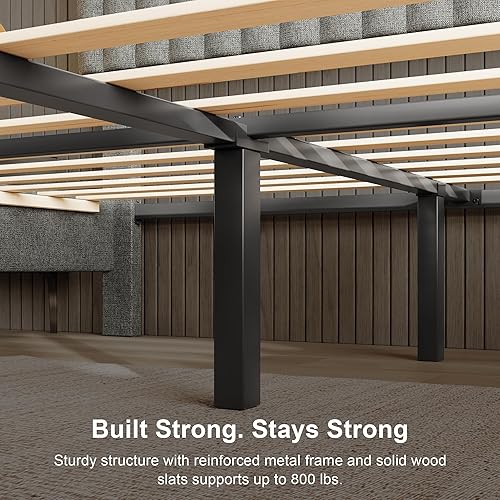 Miniatura 5 de Einhomn Base de cama tamaño Queen con cabecero, base de cama tapizada de lino con listones de madera maciza, sin ruido, no necesita somier, fácil