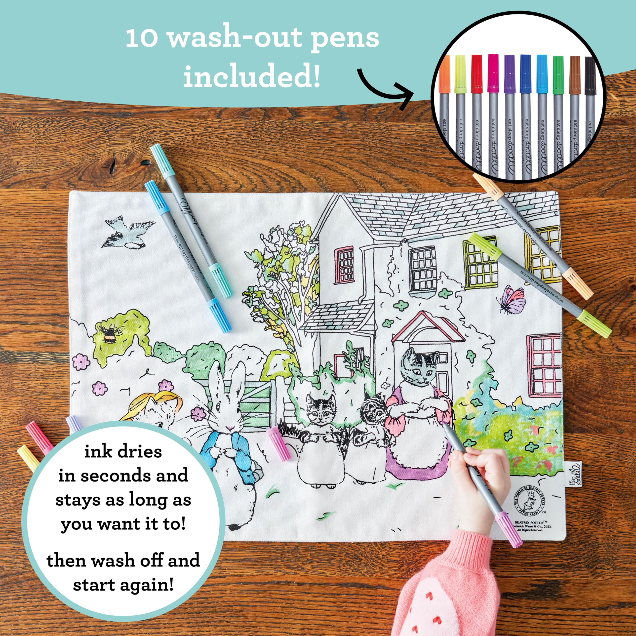 eatsleepdoodle Peter Rabbit™ and Friends Colouring Placemat for Kids w/10pk Washable Markers for Kids - Image 2