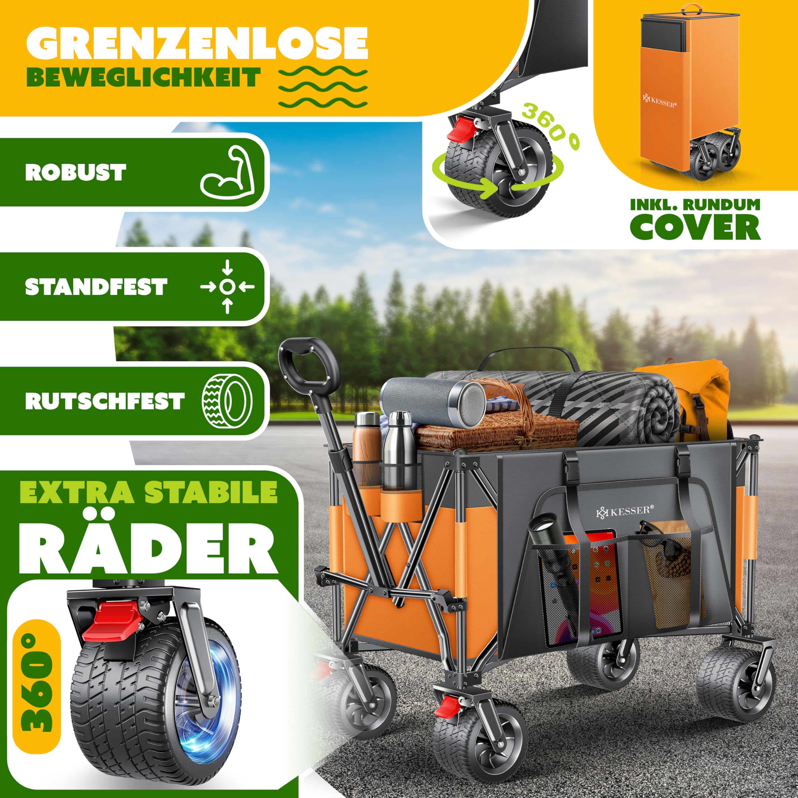 KESSER® Bollerwagen GTR9000 Handwagen 200Kg | 300L Stauraum Transportwagen faltbar extra breite 360° Räder & Feststell-Bremsen Wetterbeständig Strandwagen inkl Abdeckung Seitentasche & Getränkehalter