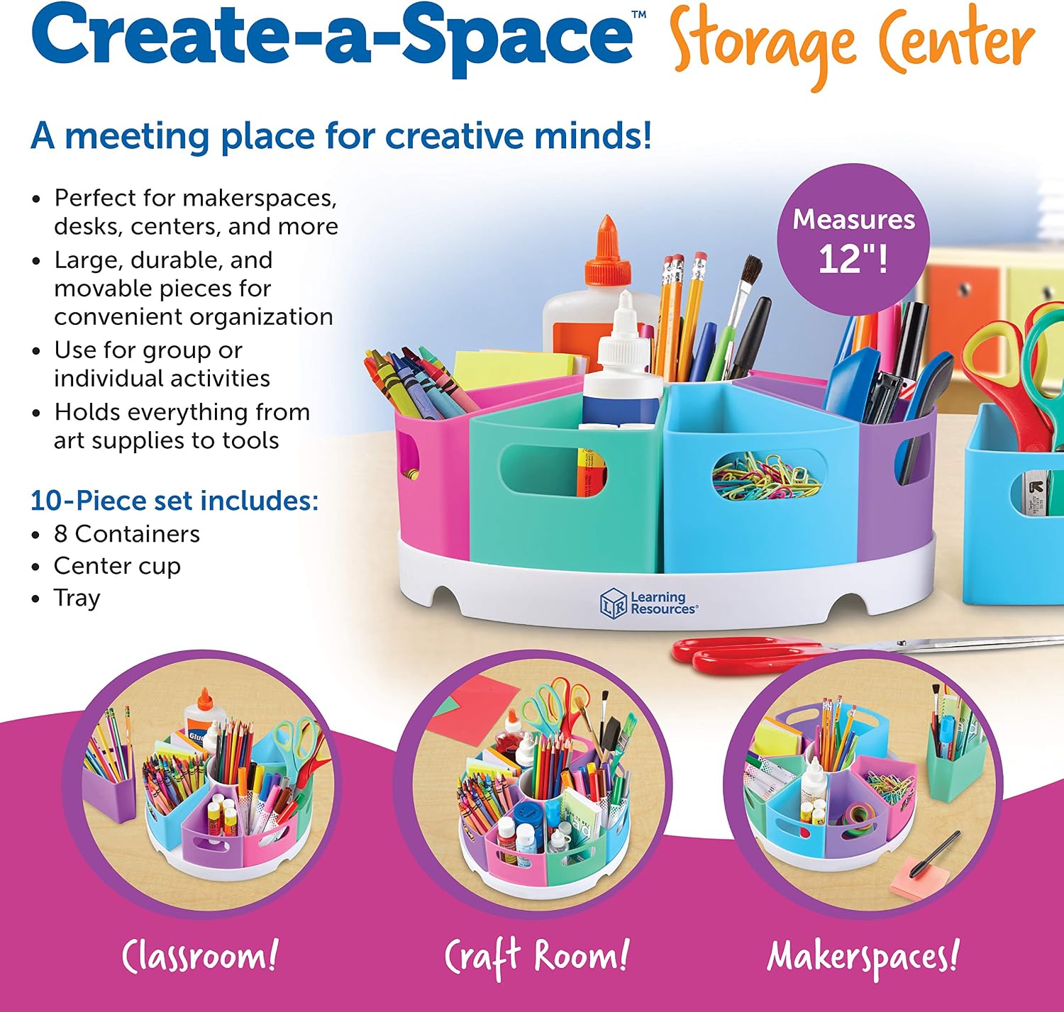 Learning Resources Create-a-Space Storage Center, 10 Piece set - Desk Organizer for Kids, Art Organizer for Kids, Crayon Organizer, Homeschool Organizers and Storage