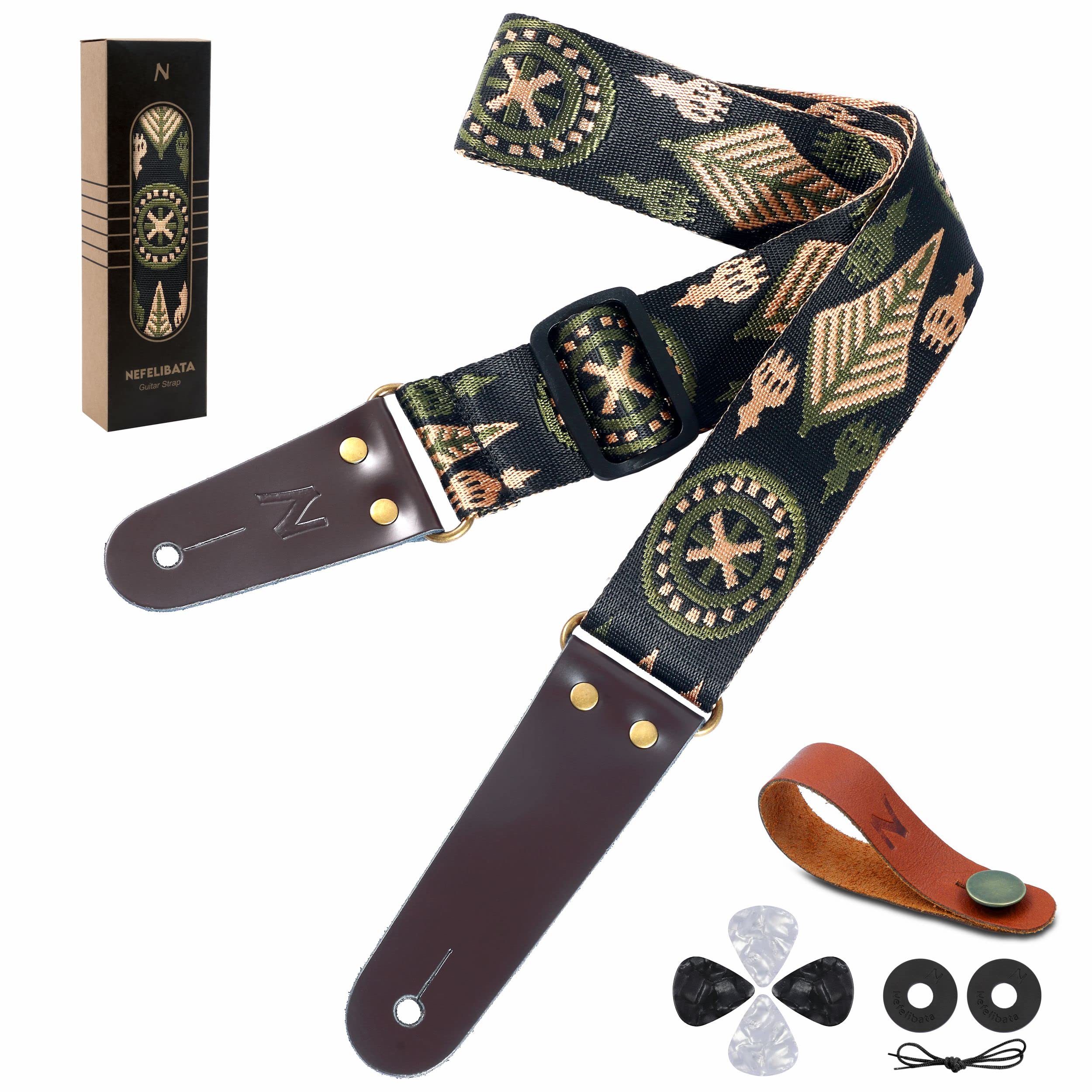 Nefelibata Guitar Strap, Nylon Embroidered Guitar Straps with Genuine Leather Ends for Bass, Electric & Acoustic Guitar, Gifts for Kids, Men & Women Guitarists
