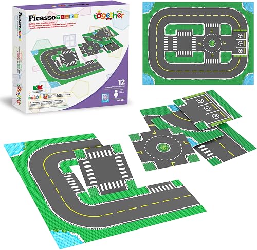 PicassoTiles 12PC Building Brick 10''x10'' Large Road Baseplates City Street Traffic Parking Themed Roadway Foundation Plates Block STEM Construction Set Compatible with All Major Br&s Ages 3+ PBS04