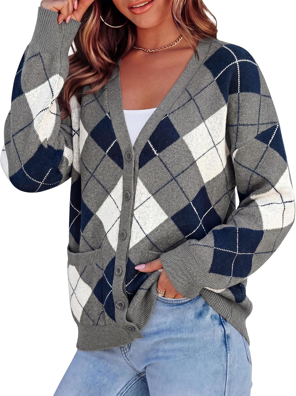 PRETTYGARDEN Women's Cardigan Argyle Winter Sweaters