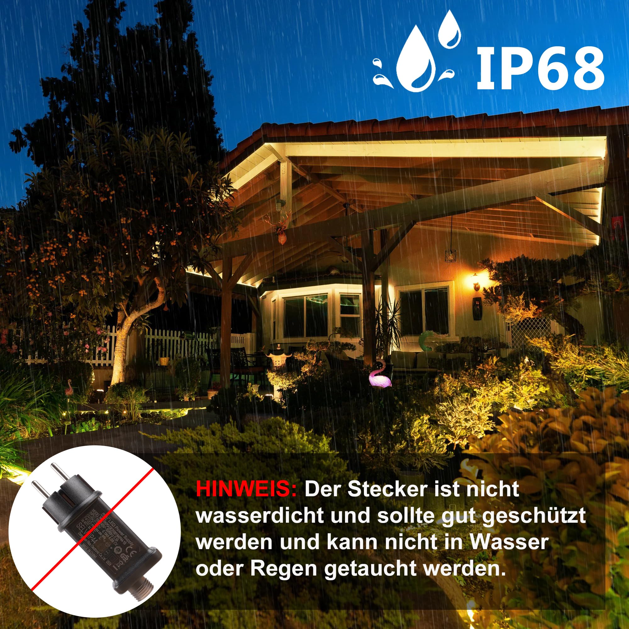 StarryEver 15 m 600 LED manguera cadena de luz exterior conectable, luz blanca cálida LED manguera de luz con mando a distancia temporizador, 8 modos, IP68, para exteriores, funciona con electricidad