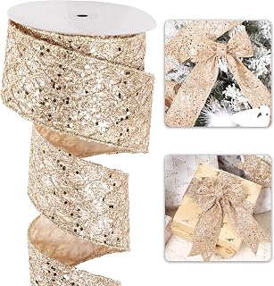 Champagne Christmas Ribbon 2.5" Glitter Mesh Wired Ribbon for Christmas Tree Champagne Gold Diamond Honeycomb Ribbon for Gift Wrapping, Crafts, Wreath, Garland, Tree Topper Bows - 10 Yards
