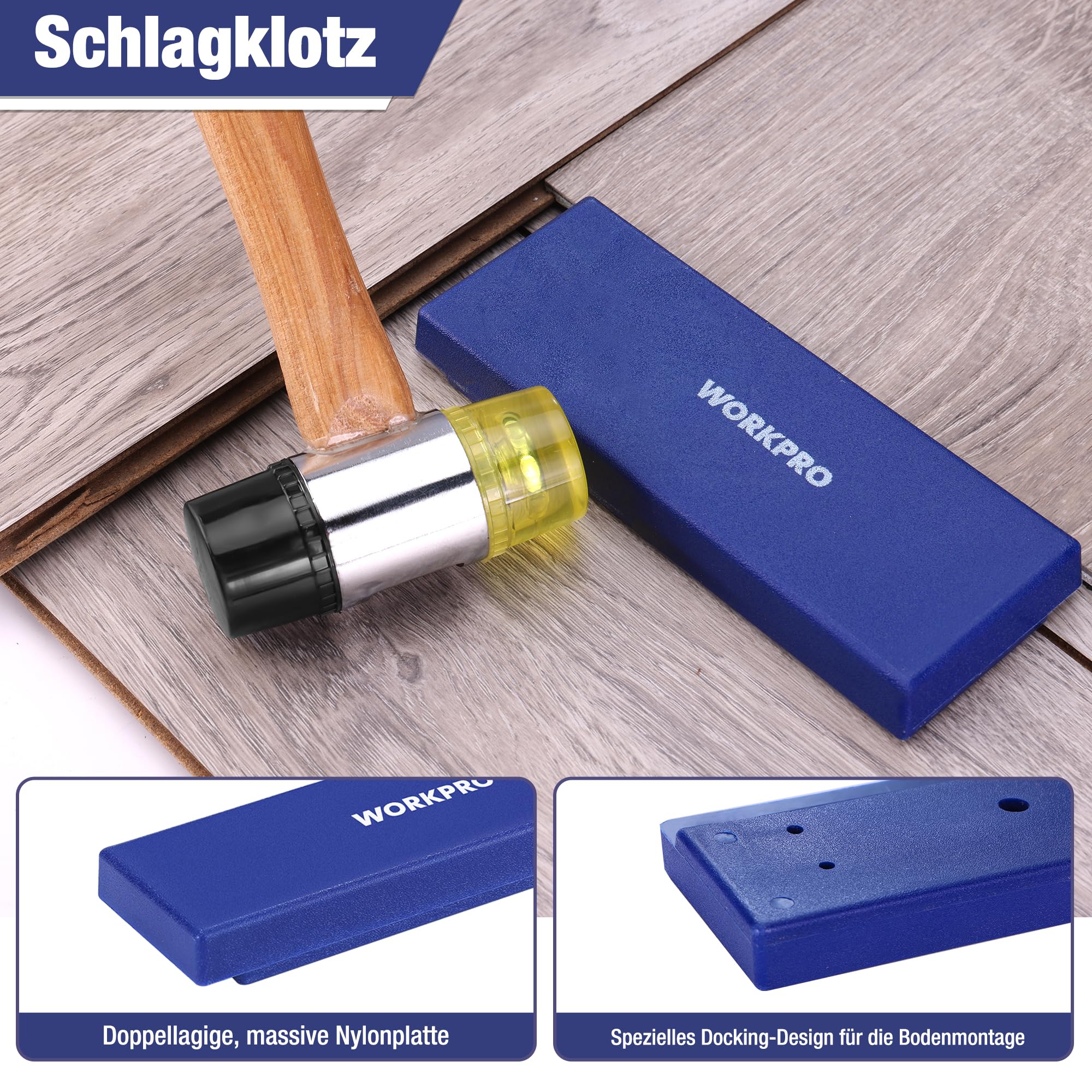 WORKPRO Laminat Verlegeset, Werkzeug zum Verlegen von Laminat mit 30 Abstandshalter, doppelseitigem Hammer, Zugeisen, Schlagklotz, Bausatz für den Bodeneinbau