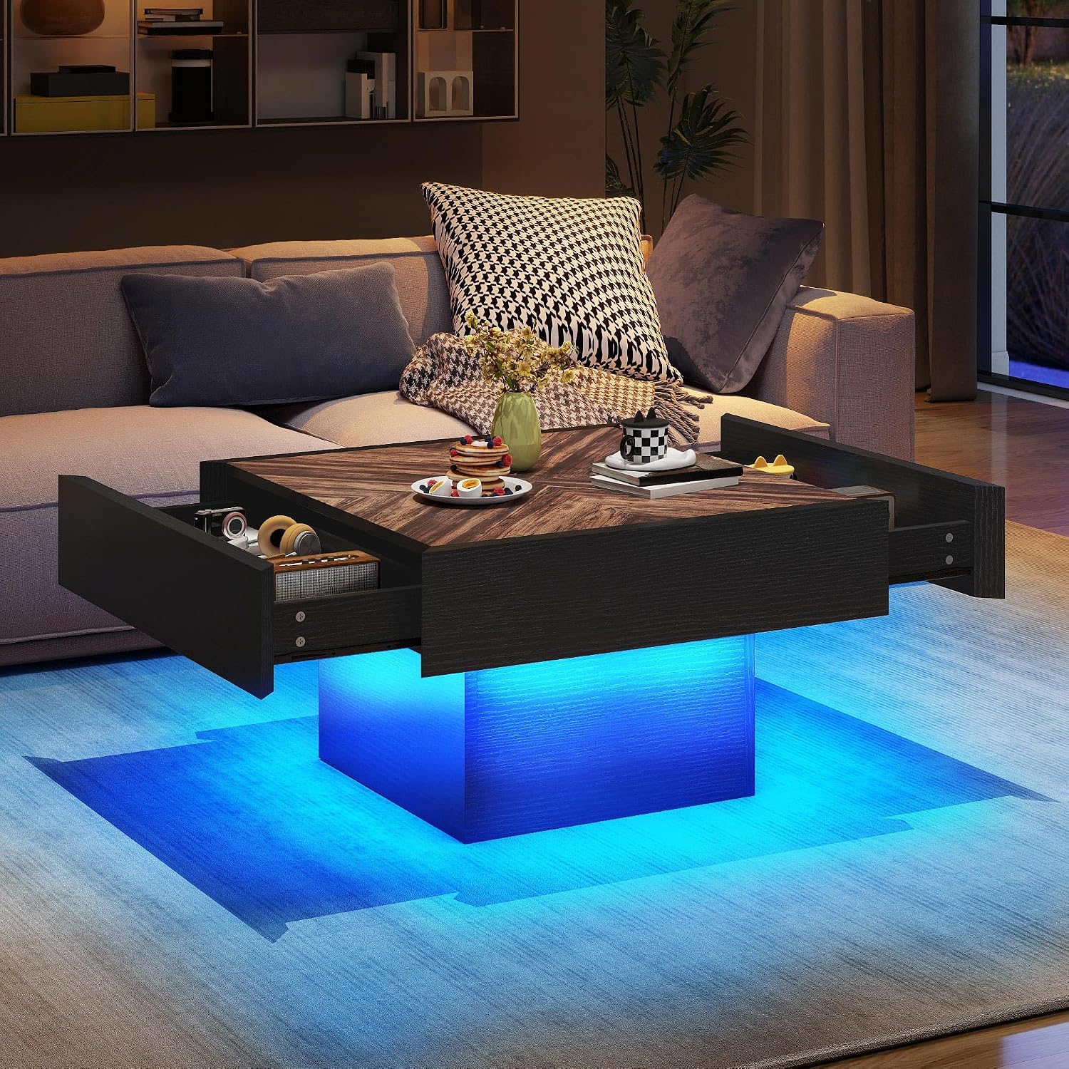 YITAHOME Mesas de centro cuadradas para sala de estar, mesa de centro LED de madera con almacenamiento, mesas modernas para sala de estar con 2 cajones, negro y marrón